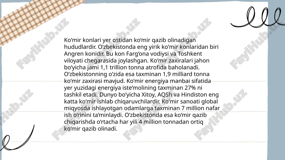 chiqarish bilan mashhur. yurtimizda jami 1300 dan ortiq qurilish materiallari koni mavjud. samarqand, toshkent va navoiy viloyatlarida katta koʻlamdagi ohaktosh konlariga duch kelish mumkin. toshkent viloyatidagi "bekobod" koni yirik ishlab chiqarish quvvatlariga ega. gʻisht sanoati uchun zarur boʻlgan xomashyo yetkazib beruvchi konlar, jumladan, surxondaryo va andijon viloyatlarida joylashgan. fargʻona vodiysida qum va shagʻal konlari koʻp uchraydi. yillik gʻisht ishlab chiqarish quvvati oʻzbekistonda 4 milliard donani tashkil etadi. shuningdek, mamlakat bo‘ylab ohaktosh ishlab chiqarishda foydalaniladigan 200 dan ortiq kon mavjud. bu resurslar mamlakatning infratuzilmaviy rivojiga hissa qoʻshadi. oʻzbekistonning qazilma boyliklari isim familiya:norboyeva shoxista e'tiboringiz uchun raxmat! image1.png image2.png image3.png image4.jpeg image5.png image6.jpeg image7.jpeg