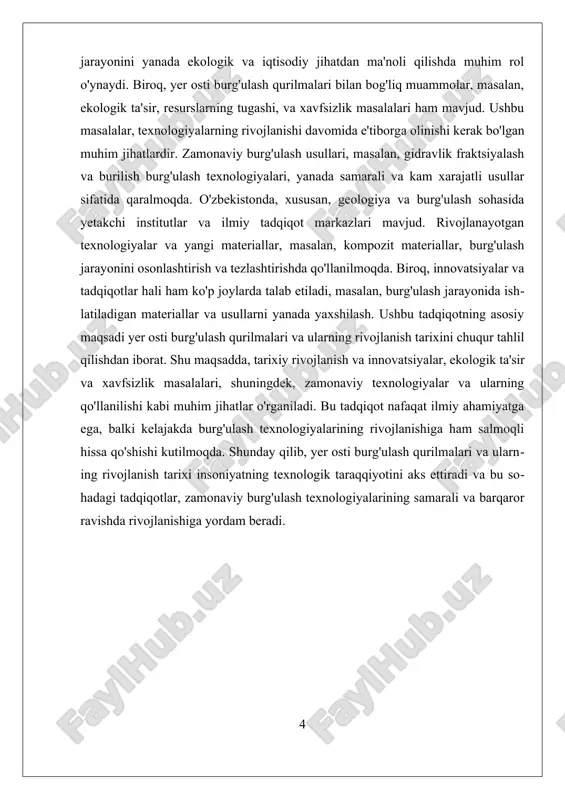 samarali tarzda nazorat qilish imkonini beradi. bu texnologiyalar, shuningdek, burg'ulash jarayonining rejalashtirilishi va optimallashtirilishida muhim rol o'ynaydi. zamonaviy burg'ulash mashinalarida, shuningdek, sensorlar va avtomatlashtirilgan tizimlar mavjud bo'lib, ular jarayonning har bir bosqichini real vaqtda kuzatishga imkon beradi. bundan tashqari, burg'ulash texnologiyalariga yangi materiallar, masalan, kompozit materiallar va yuqori kuchli qotishmalar kiritilishi, burg'ulash jarayonini osonlashtirish va tezlashtirishda muhim ahamiyatga ega. bu materiallar, o'z navbatida, burg'ulash asboblarining xizmat muddatini uzaytiradi va samaradorligini oshiradi. shu bilan birga, innovatsiyalar mavjud muammolarni hal qilishda ham yordam beradi. ekologik muammolar, masalan, yer osti suvlariga ta'siri, resurslarning tugashi, va xavfsizlik masalalari, burg'ulash jarayonida e'tiborga olinishi kerak. innovatsiyalar va yangi texnologiyalar, shuningdek, bu muammolarni hal qilishda yordam berishi mumkin. xulosa qilib aytganda, yer osti burg'ulash qurilmalari tarixiy rivojlanishi va innovatsiyalar insoniyatning resurslarni qazib olishdagi ehtiyojini qondirishdagi harakatlarini aks ettiradi. ularning tarixi, texnologik yangiliklar bilan birga, nafaqat iqtisodiy jihatdan muhim, balki ekologik va xavfsizlik masalalariga ham e'tibor qaratishni talab …