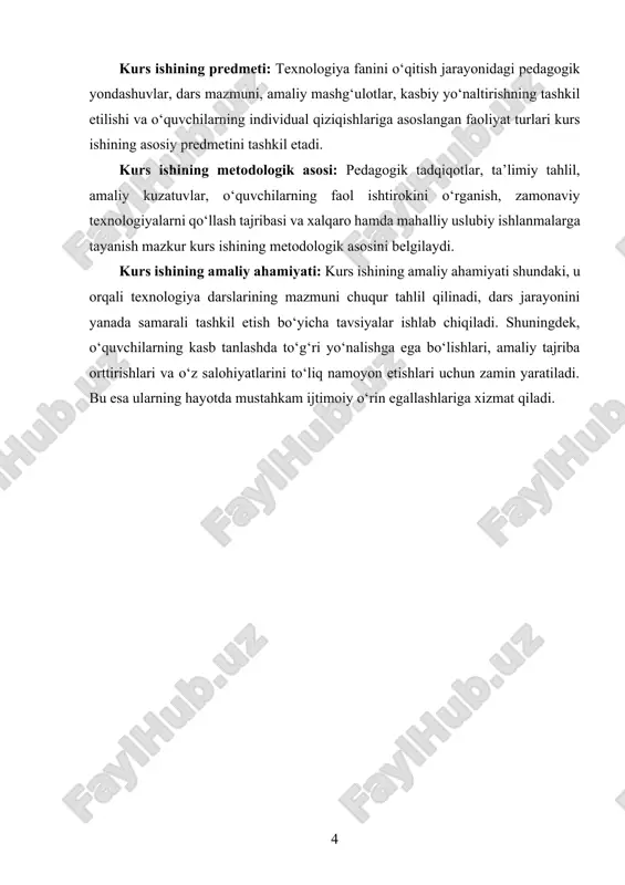 aki, texnologiya darslari o‘quvchilarni an’anaviy mehnat turlari bilan tanishtirish bilan birga, zamonaviy texnologiyalar, raqamli qurilmalar, dasturlash asoslari kabi bilimlarni ham bosqichma-bosqich kiritishga yordam beradi. bu esa ta’lim va ishlab chiqarish o‘rtasidagi uzviy bog‘liqlikni ta’minlaydi. texnologiya fanining mazmuni milliy qadriyatlar, xalq hunarmandchiligi, tarixiy an’analarga tayangan holda o‘qitiladi. shu orqali o‘quvchilar o‘z milliy merosiga hurmat bilan qarashni, qadriyatlarni asrashni o‘rganadilar. umuman olganda, texnologiya fani o‘quvchilarning mehnatsevarlik, mas’uliyat, aniqlik, tashkilotchilik kabi fazilatlarini shakllantirishda beqiyos ahamiyatga ega. bu fan orqali ular hayotiy ko‘nikmalarga ega bo‘ladi, mustaqil qaror qabul qilish, ijodiy yondashuv va jamoada ishlash qobiliyatini rivojlantiradi. yuqori sinf o‘quvchilari uchun texnologiya fanining asosiy maqsadi – ularni hayotga tayyorlash, mehnat faoliyatiga yo‘naltirish va kasbiy qaror qabul qilishga o‘rgatishdan iborat. shu sababli 10–11-sinflarda texnologiya fani kasbiy tayyorgarlik mazmunida olib boriladi. o‘quvchilar bu bosqichda muayyan kasblar bilan tanishadi, chuqurlashtirilgan amaliy mashg‘ulotlar orqali dastlabki malaka va ko‘nikmalarga ega bo‘ladilar. kasbiy tayyorgarlik dasturining asosiy yo‘nalishlari zamonaviy mehnat bozoridagi ehtiyojlar …
