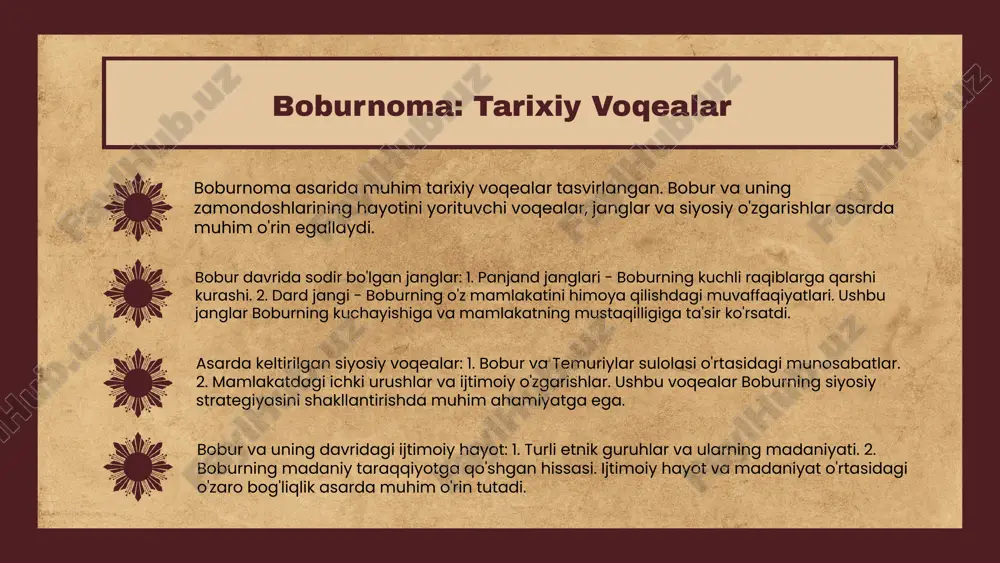 iy faoliyatlariga ijobiy ta'sir ko'rsatgan. boburnoma san'at uchun ilhom manbai bo'lib, ko'plab shoirlar va rassomlarga ta'sir qilgan. asardagi she'riy va tasviriy tasvirlar, madaniy va estetik qadriyatlarni o'z ichiga oladi, bu esa keyingi avlodlar uchun muhim meros bo'lib qolgan. boburnoma: adabiyot va she'riyatga hissa boburnoma asari adabiyotimizda muhim o'rin egallaydi. u nafaqat tarixiy voqealarni, balki boburning shaxsiy tajribalari va his-tuyg'ularini ham o'z ichiga oladi. bu asar o'z davrining ijtimoiy va madaniy hayotini aks ettirib, o'zbek adabiyotining rivojiga katta hissa qo'shgan. boburnoma va adabiyot bobur she'riyatida o'ziga xoslik mavjud. u o'z asarlarida tabiatni, sevgi va insoniy his-tuyg'ularni chuqur tasvirlaydi. shuningdek, boburning she'riyatida xalq urf-odatlari va an'analarini ko'rish mumkin, bu esa uning ijodini yanada qimmatli qiladi. bobur she'riyatining o'ziga xosligi boburnoma adabiy meros sifatida juda ahamiyatli. u nafaqat o'zbek adabiyotiga, balki jahon adabiyotiga ham ta'sir ko'rsatgan. bu asar orqali bobur nafaqat tarixiy shaxs sifatida, balki adabiyotdagi yuksak san'atkor sifatida ham tanilgan. asarning adabiy …