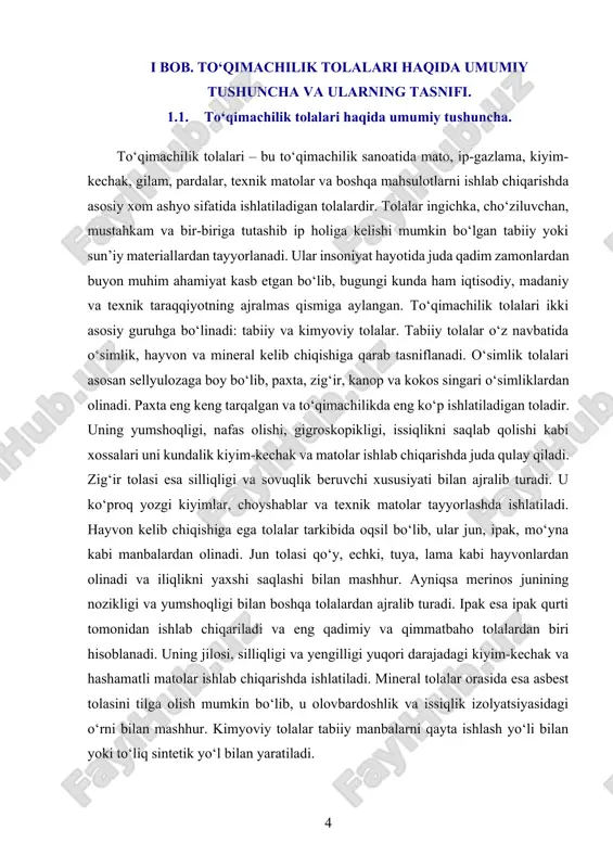 a arzonligi bilan ajralib turadi. shu sababli ular sport kiyimlari, gilamlar, texnik matolar, poyabzallar va boshqa turli mahsulotlar tayyorlashda keng qo‘llaniladi. zamonaviy to‘qimachilik sanoatida tolalarni bir necha mezonlar asosida baholashadi: uzunligi, mustahkamligi, egiluvchanligi, yengilligi, gigroskopikligi (namlikni yutish xususiyati), issiqlik saqlash qobiliyati va estetik ko‘rinishi. har bir tolaning o‘ziga xos afzalliklari va kamchiliklari mavjud. masalan, paxta juda qulay va gigiyenik bo‘lsa-da, tez burishadi va uzoq yuvilganda rangi so‘nishi mumkin. sintetik tolalar esa bardoshli va yuvishga chidamli bo‘lsa-da, terini havo bilan ta’minlamasligi mumkin. shu sababli, bugungi kunda turli xususiyatlarni birlashtirish maqsadida aralash tolalardan foydalanish keng tarqalmoqda. masalan, paxta va poliefir aralashmasi bo‘lgan matolar burishmaydi, mustahkam bo‘ladi, lekin tabiiylik va qulaylikni ham saqlab qoladi. to‘qimachilik sanoatining rivojlanishi bilan birga yangi turdagi tolalar ham yaratilmoqda. texnik va funktsional tolalar deb ataladigan bu tolalar maxsus vazifalarni bajaradi – masalan, olovbardosh, antibakterial, ultrabinafsha nurlarni qaytaruvchi, elektr o‘tkazuvchi yoki hatto biohazm bo‘ladigan tolalar ishlab chiqarilmoqda. ular tibbiyotda, …