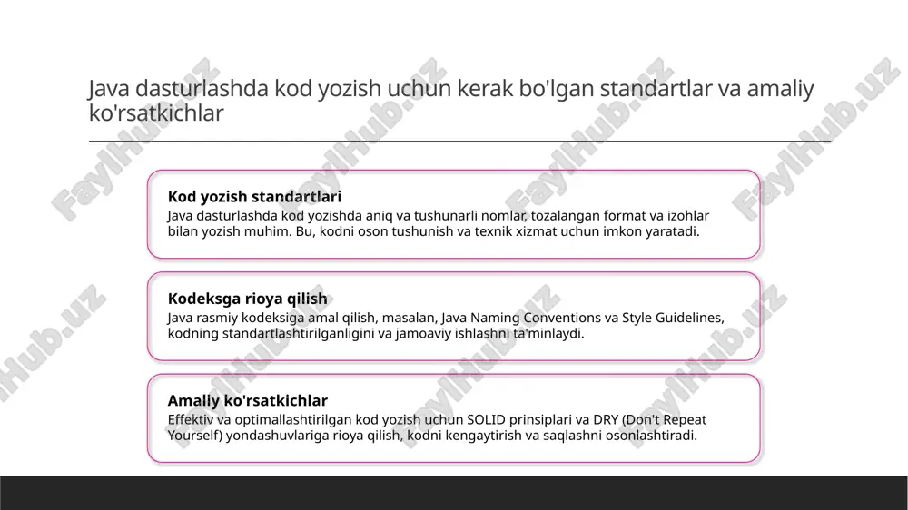 y dasturlash talablariga javob beradi. java dasturlash texnologiyalarining rivojlanishi va bozor talablariga ta'siri. java texnologiyalarining rivojlanishi java dasturlash tili 1995-yilda yaratilganidan buyon, uning texnologiyalari va kutubxonalar doimo yangilanib, zamonaviy talablar bilan moslashmoqda. bozor talablariga moslashuv java, mobil, veb va bulut texnologiyalarida keng qo'llanilmoqda, bu esa bozordagi ehtiyojlarga javob beradigan yuqori darajadagi moslashuvchanlikni ta'minlaydi. yangi imkoniyatlar java platformasi yangi api-lar va ramkalar yordamida dasturchilarga keng imkoniyatlar, masalan, xavfsizlik, ishlash va massiv ma'lumotlar bilan ishlash imkonini beradi. bozor talablari va istiqbollar bozor talablarining o'sishi bilan java texnologiyalari sun'iy intellekt, katta ma'lumotlar va iot sohalarida rivojlanmoqda, bu esa kelajakda muhim rol o'ynaydi. java dasturlashda obyekt-oriented paradigmning asosiy prinsiplarini tushuntirish 1 inkapsulyatsiya va ma'lumotlarni himoyalash ob'ekt-oriented paradigma ma'lumotlarni inkapsulyatsiya qilish orqali himoya qiladi, bu esa sinf ichidagi atributlar va metodlarni tashqi ta'sirdan yashirish imkonini beradi. 2 meros olish va kodni takrorlash meros olish yordamida yangi sinflar mavjud sinflardan xususiyatlar va metodlarni oladi, bu kodni …