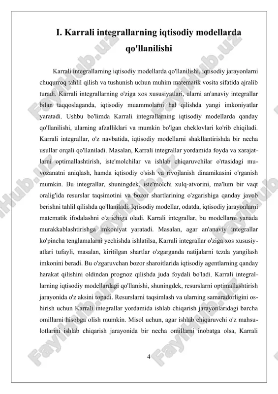 a chuqurroq o'rganishga, iqtisodiy prognozlarni aniqroq qilishga va natijada iqtisodiy siyosatni yanada samarali shakllantirishga yordam beradi. shu bilan birga, karrali integrallarni qo'llash orqali iqtisodiy nazariyalar va modellarning samaradorligini oshirish imkoniyatlari ochiladi. ii. karrali integrallar orqali resurslarni optimallashtirish karrali integrallar orqali resurslarni optimallashtirish iqtisodiy tahlil va qaror qabul qilish jarayonlarida muhim ahamiyatga ega. bu integrallar, o'zining o'ziga xos xususiyatlari bilan, resurslarni taqsimlash va samarali foydalanish bo'yicha aniq va mukammal yechimlar taklif etadi. karrali integrallar yordamida iqtisodiy modellarni yaratish va ularni optimallashtirish jarayonida qulayliklar va imkoniyatlar kengayadi. karrali integrallar, umumiy integrallardan farqli o'laroq, maxsus xususiyatlarga ega bo'lib, iqtisodiy jarayonlarni chuqurroq o'rganish imkonini beradi. ular ko'pincha resurslarni optimal taqsimlash, mahsulot ishlab chiqarishni, iste'molni va narxlarni tahlil qilishda qo'llaniladi. masalan, ishlab chiqarish resurslarini optimallashtirishda karrali integrallar yordamida ishlab chiqarish funktsiyasi va iste'molchilar talabi o'rtasidagi o'zaro bog'liqliklarni aniqlash mumkin. bunda, ishlab chiqarish jarayonida foydalaniladigan resurslar (xom ashyo, ishchi kuchi, texnologiyalar) va ularning samaradorligi o'rganiladi. resurslarni …
