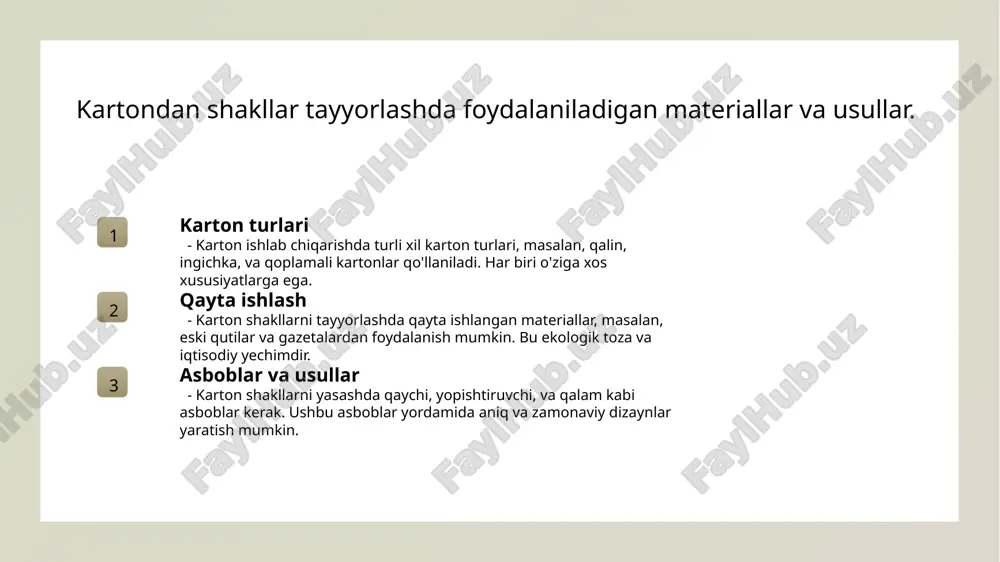 rda ishlatilishi mumkin, bu esa ularning ko'p qirrali foydasini ta'minlaydi. o'zbekistondagi karton asarlarda geometriya va madaniyatning o'zaro aloqasi. geometriya va san'at o'zbekistondagi karton asarlarda geometrik shakllar san'at va madaniyatning ajralmas qismi bo'lib, an'anaviy naqshlar bilan uyg'unlikda yaratiladi. madaniy meros karton modellar, o'zbekistonning boy madaniy merosi va urf-odatlarini aks ettiradi. ular milliy an'ana va zamonaviy dizaynni birlashtiradi. ta'lim va rivojlanish karton asarlar, talabalarga geometriya va dizayn tushunchalarini o'rganishda yordam beradi, ijodiy fikrlash va muammolarni hal qilish ko'nikmalarini rivojlantiradi. ijtimoiy ahamiyat o'zbekistondagi karton asarlar, ijtimoiy va madaniy tadbirlarda ishtirok etib, jamoat bilan bog'lanishni kuchaytiradi va san'atni ommalashtiradi. xulosa 01 karton bilan yaratuvchanlik karton yordamida shakllar yasash, talabalar uchun yaratuvchanlik ko'nikmalarini rivojlantirishda muhim ahamiyatga ega. bu jarayon ijodiy fikrlashni rag'batlantiradi. 02 ta'limda kartonning roli karton, ta'lim jarayonida nazariy bilimlarni amaliyotga tatbiq etishda muhim vosita hisoblanadi. o'quvchilar geometrik shakllarni yaratish orqali bilimlarini mustahkamlashadi. 03 ekologik toza materiallar karton, ekologik toza va qayta ishlanadigan material …