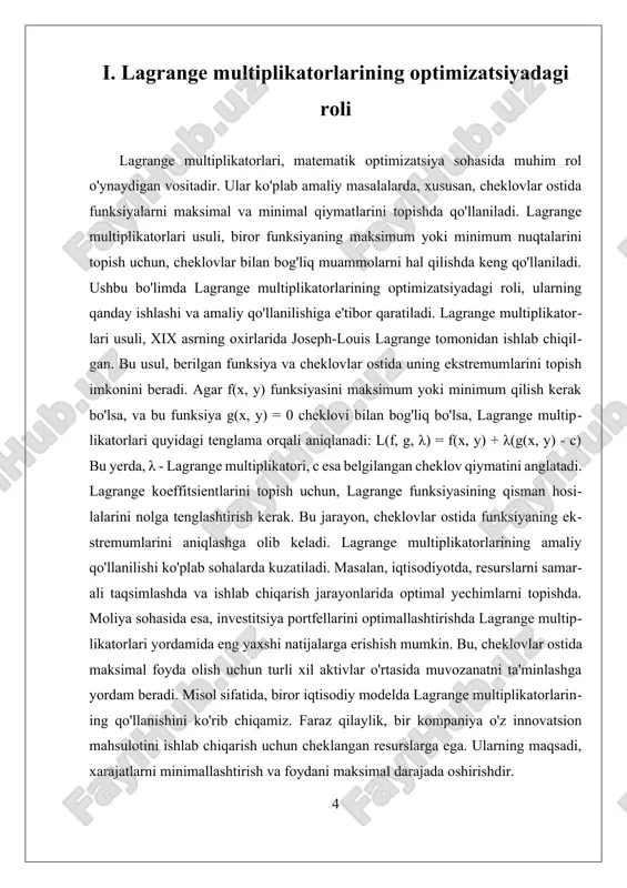 topishga imkon beradi. lagrange multiplikatorlari yordamida iqtisodiyotdan tortib muhandislikka qadar ko'plab amaliy masalalarda samarali natijalar olish mumkin. ularning davomiy o'rganilishi va rivojlanishi, matematik optimizatsiya sohasida yangi imkoniyatlarni ochadi. ii. lagrange polinomlari va ularning hisoblashdagi qo'llanilishi lagrange polinomlari va ularning hisoblashdagi qo'llanilishi matematikada muhim o'rin tutadi. lagrange polinomlari, berilgan nuqtalar to'plamidan olingan ma'lumotlarni interpolatsiya qilishda ishlatiladi, bu esa matematik modellashtirish va muammolarni yechishda keng qo'llaniladi. ushbu bo'limda lagrange polinomlarining asosiy tushunchalari, ularning qanday ishlashi, hisoblashdagi qo'llanilishi, va amaliy misollar keltiriladi. lagrange polinomi, n ta nuqtaning (x_0, y_0), (x_1, y_1), ..., (x_n, y_n) berilganida, ularni interpolatsiya qiluvchi polinom sifatida aniqlanadi. bu polinom quyidagi ifoda orqali ko'rsatiladi: l(x) = y_0 * l_0(x) + y_1 * l_1(x) + ... + y_n * l_n(x), bu yerda l_i(x) = (x - x_0)(x - x_1)...(x - x_{i-1})(x - x_{i+1})...(x - x_n) / (x_i - x_0)(x_i - x_1)...(x_i - x_{i-1})(x_i - x_{i+1})...(x_i - x_n) ifodasi orqali belgilanadi. bu …