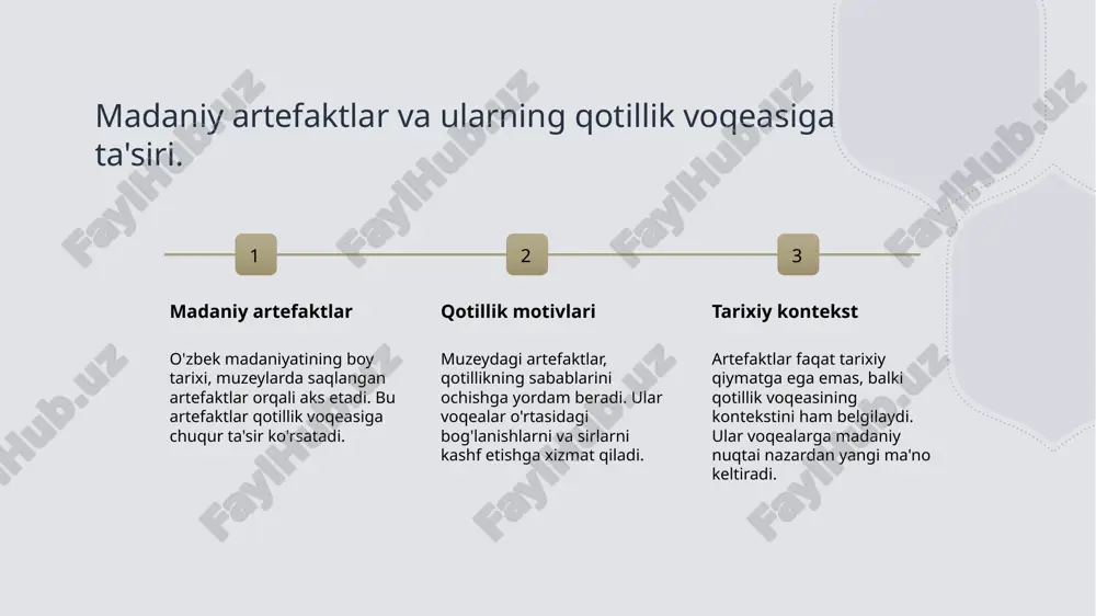 aniy kontekst va tarixiy jihatlar. 1 madaniy kontekst muzeyda sodir bo'lgan qotillik voqeasi, o'zbekistonning boy madaniy merosi va tarixiy konteksti bilan shug'ullanadi, bu esa voqeaga chuqur ma'no beradi. 2 tarixiy jihatlar qotillik voqeasi, tarixiy artefaktlar va ularning ahamiyati orqali o'zbekiston madaniyatining rivojlanishi haqida bilim beradi, voqea esa tarixiy muhit orqali tasvirlanadi. 3 madaniyat va jinoyat muzeyda sodir bo'lgan qotillik, madaniyat va jinoyat orasidagi murakkab munosabatlarni ochib beradi, bu esa detektiv hikoyaning asosiy dramatik elementidir. xulosa 1 muzeydagi artefaktlar ahamiyati - muzeydagi artefaktlar o'zbek madaniyatining boy tarixini aks ettiradi. ular madaniy merosni saqlashda va tarixiy bilimlarni oshirishda muhim rol o'ynaydi. 2 qotillik va detektiv hikoya - "muzeydagi sirli qotillik" asarida detektiv hikoya va sirlar o'zaro bog'langan. har bir qahramon va artefakt voqeani yanada qiziqarli qiladi, sirlarni ochadi. 3 madaniyat va jinoyat munosabati - muzeyda sodir bo'lgan qotillik, madaniyat va jinoyat o'rtasidagi murakkab munosabatlarni ochib beradi. bu, voqeani tarixiy kontekstda chuqurroq tushunishga …