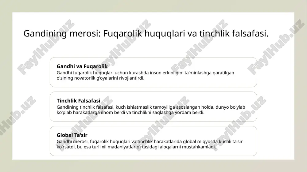 xiy va zamonaviy nuqtai nazar. 01 gandining ta'siri mahatma gandining tinchlik va noviolentlik falsafasi, o'zbekiston madaniyati va tarixiga ta'sir ko'rsatdi, ko'plab ijtimoiy harakatlar va qadriyatlarni shakllantirdi. 02 tarixiy meros o'zbekistonda gandhi g'oyalari, ayniqsa, 20-asr boshidagi mustaqillik harakatlarida muhim rol o'ynadi, xalqning erkinlikka intilishida ilhom manbai bo'ldi. 03 zamonaviy aloqalar hozirgi kunda o'zbekistonda gandining merosi madaniy tadbirlarda, ta'limda va tinchlik targ'ibotida davom etmoqda, yosh avlodga noviolentlik tamoyillarini o'rgatmoqda. nonviolence falsafasi va o'zbekistonning tinchliksevarlik an'analari. 1 noviolentlik tarixi noviolentlik falsafasi tarix davomida muhim rol o'ynadi. o'zbekistonda ham tinchlik va adolat uchun kurashda bu tamoyil qo'llanildi. 2 o'zbekistonda tinchlik o'zbekistonda tinchliksevarlik an'analari qadim zamonlardan boshlab rivojlanib, xalqning birlashishiga va ijtimoiy barqarorlikka xizmat qilmoqda. 3 gandining ta'siri mahatma gandining noviolentlik tamoyillari o'zbekistonning madaniy va ijtimoiy hayotiga ta'sir ko'rsatdi, fuqarolik huquqlari uchun kurashda ilhom manbai bo'ldi. 4 zamonaviy aloqalar bugungi kunda o'zbekiston, gandining noviolentlik falsafasidan foydalanib, tinchlik va barqarorlikni saqlashga intilmoqda, xalqaro hamkorlikni rivojlantirmoqda. gandining …