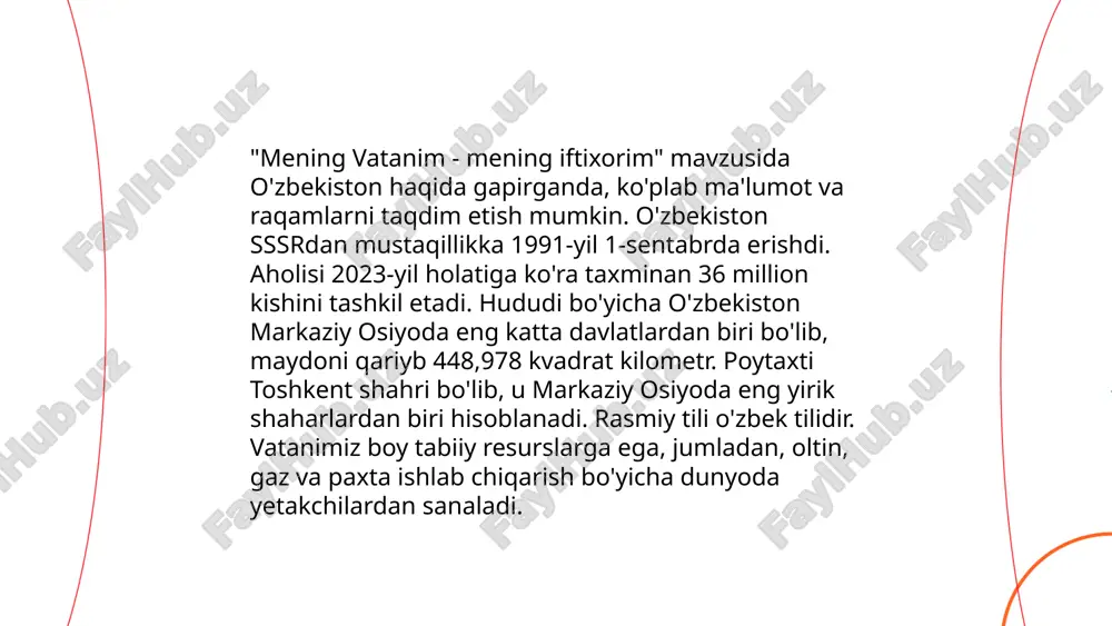 tusiga kirgan. bu urf-odatlar yuz yilliklar davomida saqlanib kelgan. maktabgacha yoshdagi bolalar uchun "oʻzbekiston mening vatanim " hafta mavzusi asosida bayram sinarelari toʻplamini liyihalash baxtiyorova muxlisa e'tiboringiz uchun raxmat! image1.png image2.png image3.png image4.jpeg image5.png image6.jpeg image7.jpeg