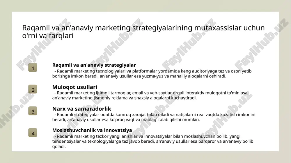 y savdo usullari muvaffaqiyat kalitidir. 3 madaniy va tarixiy kontekst o'zbekistonning boy madaniy va tarixiy merosi marketingda muhim rol o'ynaydi. mahalliy brendlar bu elementlarni reklama va brendingda faol qo'llash orqali ishonch hosil qilishadi. o'zbekistonda raqamli va an'anaviy marketingning uyg'unligi va samaradorligini oshirish usullari 01 raqamli va an'anaviy yondashuvlar uyg‘unligi raqamli va an'anaviy marketingni birlashtirish, brendlarga kengroq auditoriya yetkazib, moslashuvchan va innovatsion strategiyalarni amalga oshirish imkonini beradi. 02 moslashtirilgan marketing strategiyalari iste'molchilarning ehtiyojlariga mos keladigan, shaxsiylashtirilgan va lokal xususiyatlarga mos marketing usullari, mijozlar bilan mustahkam aloqalar o‘rnatadi. 03 texnologiyalar va madaniyatni integratsiya zamonaviy texnologiyalar yordamida, madaniyat va tarixiy xususiyatlarni hisobga olgan holda, marketing faoliyatini samarali va madaniy jihatdan moslashtirish mumkin. xulosa 1 marketing mutaxassisi – jamiyat va iqtisodiyotdagi roli marketing mutaxassisi bozorni o‘rganadi, strategiyalar ishlab chiqadi va brendlarni rivojlantiradi, shuningdek, iqtisodiy va madaniy rivojlanishga katta ta'sir ko‘rsatadi. 2 raqamli va an'anaviy strategiyalar farqlari va imkoniyatlari raqamli marketing keng auditoriyaga tez yetib …