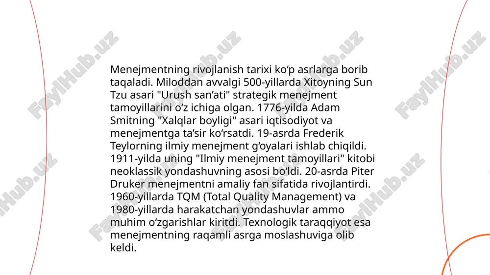 al yig‘ilishlar, maxsus dasturiy ta’minot yoki loyiha boshqaruvi vositalari orqali amalga oshiriladi. tadqiqotlar ko‘rsatadiki, samarali muvofiqlashtirish sudraluvchi javob vaqtini 30% gacha, kompaniyaning operatsion xarajatlarini esa 25% qisqartirishi mumkin. ushbu jarayonni o‘rinli tashkil etish orqali tashkilotlar raqobatbardoshligini oshirishi mumkin. menejment fani va uning vazifalari, uning oʻrganilayotgan fanlar tizimidagi oʻrni xoshimova zarina e'tiboringiz uchun raxmat! image1.png image2.png image3.png image4.jpeg image5.png image6.jpeg image7.jpeg