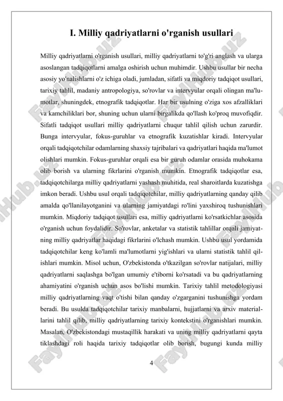 yatlarda, o'zbek xalqining milliy kimligi va qadriyatlarini saqlash zarurati yanada muhim ahamiyatga ega bo'ladi. shuningdek, globalizatsiya jarayonida yana bir muhim masala - bu madaniy homogenizatsiya. boshqa mamlakatlardan kelgan qadriyatlar va madaniyatlar o'zaro ta'sirda bo'lgan holda, mahalliy qadriyatlarni yo'q qilishi yoki ularni o'zgartirishi mumkin. bu jarayonda, masalan, internet va ijtimoiy tarmoqlar orqali tarqatilayotgan axborot va kontentlar katta rol o'ynaydi. o'zbekiston kabi davlatlarda, bu jarayon milliy qadriyatlarni saqlash bo'yicha harakatlarni kuchaytirishga majbur qiladi, chunki yosh avlod global madaniyat bilan tanishib, uning ta'sirida qolishi mumkin. globalizatsiya va milliy qadriyatlar o'rtasidagi ziddiyatlarni hal qilish uchun bir necha strategiyalar ishlab chiqilgan. bularning eng muhimi - bu ta'lim va madaniyatni rivojlantirish orqali milliy qadriyatlarni mustahkamlashdir. o'zbekiston misolida, maktab va universitetlarda milliy qadriyatlarni o'rgatish, adabiyot, san'at va tarix orqali yoshlarni o'z milliy kimligini anglashga yordam berishi mumkin. shuningdek, davlat siyosati doirasida milliy qadriyatlarni saqlash va rivojlantirishga qaratilgan dasturlar ishlab chiqilishi muhimdir. bundan tashqari, globalizatsiya jarayonida mahalliy qadriyatlarni …