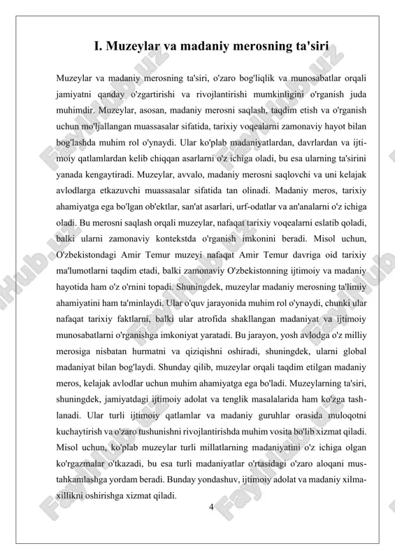 . shu sababli, muzeylar faqatgina tarixiy ob'ektlar saqlovchisi emas, balki jamiyatni birlashtiruvchi va kelajakni shakllantiruvchi muhim muassasalardir. ii. texnologiya va muzeylarning kelajagi muzeylar zamonaviy jamiyatda muhim rol o'ynaydi, ularning kelajagi esa texnologiyaning rivojlanishi bilan bevosita bog'liq. bugungi kunda texnologiya muzeylarning faoliyatini tubdan o'zgartirgan, ularni yanada interaktiv va qiziqarli qilish imkonini bergan. ushbu bo‘limda muzeylarning texnologiyalar bilan integratsiyasi va bu jarayonning kelajakdagi istiqbollari haqida batafsil ma'lumot beriladi. muzeylar texnologiyani qanday qo'llamoqda? birinchidan, ko'rgazmalarni yanada qiziqarli va interaktiv qilish uchun virtual haqiqat (vr) va kengaytirilgan haqiqat (ar) texnologiyalari keng qo'llanilmoqda. masalan, vr yordamida tashrif buyuruvchilar tarixiy voqealarni yoki muhim shaxslarni «his qilish» imkoniyatiga ega bo'lishmoqda. bu, o'z navbatida, muzejlarning ta'lim berish va madaniyatni targ'ib qilishdagi rolini kuchaytiradi. ar texnologiyalari esa eksponatlarni ko'rsatishda qo'shimcha ma'lumotlarni taqdim etish imkonini beradi, bu orqali tashrif buyuruvchilar ko'proq ma'lumotga ega bo'lishadi. ikkinchidan, muzeylar internet va ijtimoiy tarmoqlardan foydalanish orqali o'z auditoriyalarini kengaytirmoqda. bugungi kunda ko'plab muzeylar o'z …
