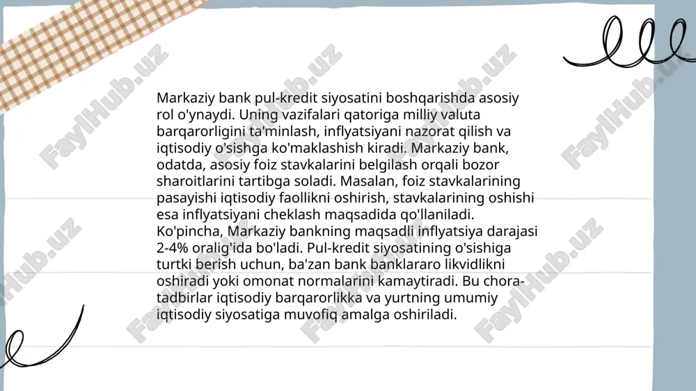 ishi natijasida onlayn kreditlar hajmi 15% ortdi. shu bilan birga, risklarni boshqarish mexanizmlarining takomillashuvi orqali kredit xavfsizligi yaxshilandi. pandemiya davrida bozor moslashuvchanlikni namoyon etib, mikromoliya sektori ham qo'llab-quvvatlandi, bu kichik va o'rta bizneslar uchun muhim bo'ldi. ... t.me/slaydai_bot moliyaviy barqarorlikni ta'minlash choralari doirasida, o‘zbekiston markaziy banki va hukumat bir qator muhim amaliyotlarni amalga oshiradi. 2023-yilda inflyatsiya darajasi 8% atrofida saqlanishi reja qilingan bo‘lsa, markaziy bank bazaviy foiz stavkasini 14% darajasida belgilab, pul-kredit siyosatini qat’iy nazorat qilmoqda. bank sektorining umumiy kapitallashuvi 25 trillion so‘mga yetkazilgan. shu bilan birga, xorijiy valyuta zaxiralari 34 milliard aqsh dollari miqdorida saqlanmoqda. davlat budjetining kamomadini yaimning 2% darajasida ushlab turish maqsad qilingan. kredit portfeli hajmi 350 trillion so‘mni tashkil etib, kichik va o‘rta bizneslarga kredit ajratish hajmi oshirilmoqda. ushbu choralarning barchasi iqtisodiy o‘sishni qo‘llab-quvvatlash va moliyaviy barqarorlikni ta’minlashga qaratilgan. òzbekistonda pul kridit siyosatini asosiy yonalishlari abduraxmonov nuriddin e'tiboringiz uchun raxmat! image1.png image2.png image3.png image4.jpeg image5.png image6.jpeg …