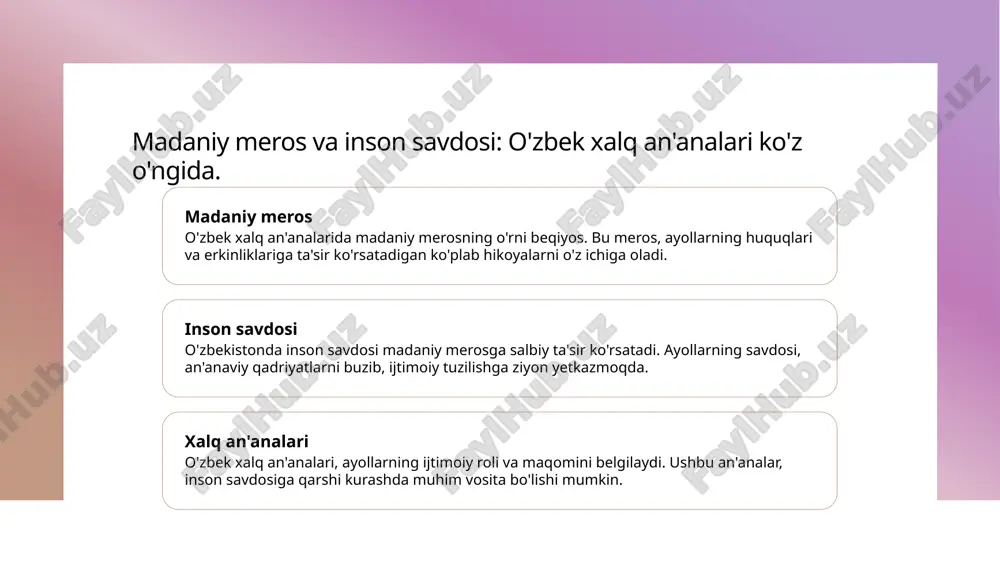 zlik muammolarini ochib beradi, bu esa e'tibor va o'zgarish talab qiladi. 2 adabiyot va madaniyat - o'zbek adabiyotida sotilgan qizlar mavzusi kuchli tasvirlangan, bu ayollarning kuchi va sabr-toqatini ko'rsatadi, ularning huquqlariga e'tibor qaratadi. 3 gender tengligi yechimlari - gender tengligini ta'minlash uchun huquqiy va ijtimoiy chora-tadbirlar zarur, bu ayollarning huquqlarini himoya qilishda va inson savdosiga qarshi kurashda muhimdir. foydalanilgan adabiyotlar 1. murodova, m. 'sotilgan qiz qismati: tarixiy va madaniy kontekstda tahlil'. o'zbekiston milliy universiteti, 2022 2. abdullaeva, s. 'inson savdosi va ayollarning huquqlari: o'zbekistondagi muammolar va yechimlar'. o'zbekiston respublikasi huquqiy axborot markazi, 2021 3. saidova, d. 'o'zbek adabiyotida gender masalalari: sotilgan qiz qismati misolida'. o'zbek adabiyoti va madaniyati jurnali, 2023 4. turaev, a. 'o'zbek adabiyotida inson savdosi va ayol qismati: ijtimoiy va madaniy aspektlar'. o'zbekiston fanlar akademiyasi, 2020 5. xudoyberdiyeva, g. 'sotilgan qizlar: tarixiy kontekst va zamonaviy muammolar'. o'zbekiston ijtimoiy fanlar jurnali, 2023 e'tiboringiz uchun rahmat!