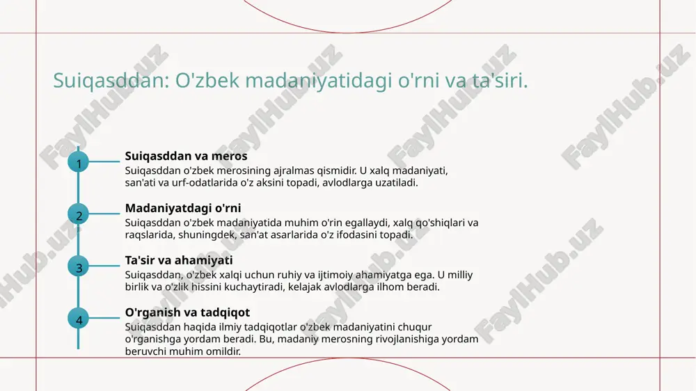 tni rivojlantiradi. 2 zamonaviy tadqiqotlar va o'qitish bugungi kunda suiqasddan zamonaviy ilmiy tadqiqotlar va innovatsion o'qitish usullari orqali o'rganilib, madaniy merosni saqlash va rivojlantirishga yordam beradi. 3 an'analar va zamonaviylik aloqasi suiqasddan an'analari o'zbek tarixida muhim o'rin egallaydi, zamonaviy kontekstda talqin qilinishi esa madaniyatlar o'rtasidagi integratsiyani kuchaytiradi. foydalanilgan adabiyotlar 1. jumaniyozov a. suiqasddan va uning madaniyatdagi o'rni. o'zbekiston milliy universiteti, 2021 2. khamidov d. suiqasddan: merosi va ahamiyati. tashkent state institute of culture, 2020 3. mansurov b. suiqasddan va madaniyat: ilmiy tadqiqotlar. journal of uzbek studies, 2022 4. abdullaeva n. suiqasddan va zamonaviy san'at: yangi yondashuvlar. o'zbekiston san'at akademiyasi, 2023 5. saidov r. suiqasddan va uning ta'siri: tarixiy va madaniy kontekst. o'zbekiston tarixi, 2019 e'tiboringiz uchun rahmat!
