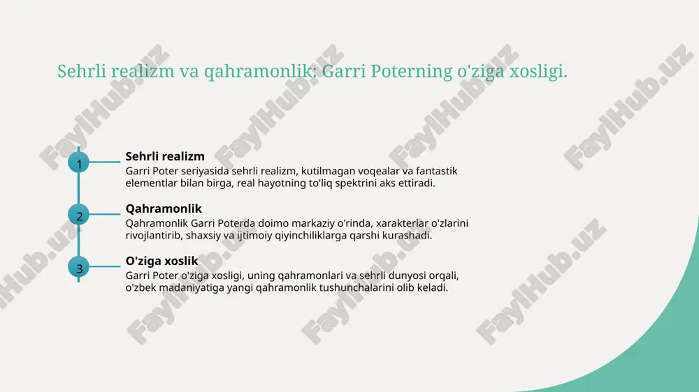 qahramonlik tushunchalarini rivojlantirib, yangi ijodiy imkoniyatlar yaratdi, ilhomlantirdi. yoshlar va madaniyat o'zbek madaniyatida garri poter, yoshlarni qahramonlik va do'stlik qadriyatlariga ilhomlantirib, adabiyotga qiziqish uyg'otadi, madaniy integratsiyani kuchaytiradi. qahramonlik darslari garri poter seriyasi, yosh avlodga haqiqiy qahramonlar qanday bo'lishi kerakligini ko'rsatib, ijtimoiy qadriyatlarni mustahkamlashga yordam beradi, bu juda muhim. foydalanilgan adabiyotlar 1. toshkand, a. g. garri poter va sehrli realizm. o'zbekiston milliy universiteti, 2021 2. sultonov, m. qahramonlik va adabiyot: garri poter misolida. o'zbekiston respublikasi fanlar akademiyasi, 2022 3. jumayev, a. o'zbek madaniyatidagi garri poter ta'siri. madaniyat va adabiyot, 2023 4. rahimov, d. garri poter va zamonaviy fantastika. adabiy til va madaniyat, 2020 5. xolmatov, n. garri poter asarlari va o'zbek adabiyotiga ta'siri. o'zbek adabiyoti, 2022 e'tiboringiz uchun rahmat!