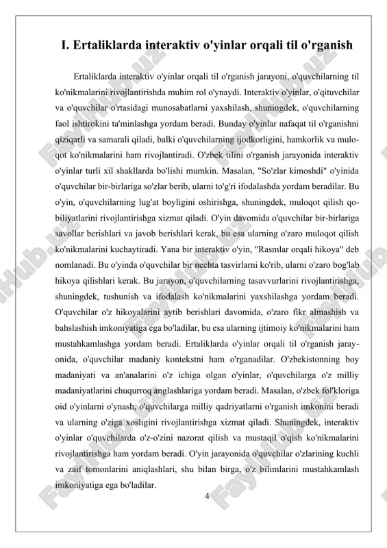 rni o‘rganish kabi mavzular tanlanishi mumkin. bu mavzular orqali o‘quvchilar tilni o‘rganish jarayonida yangi so‘zlar va iboralar bilan tanishadilar, bu esa ularning til ko‘nikmalarini rivojlantirishga yordam beradi. madaniy mavzular asosida ertaliklarni tashkil etishda quyidagi asosiy bosqichlar ko‘rib chiqilishi lozim. birinchidan, ertaliklar uchun aniq maqsadlar belgilanishi kerak. maqsadlar, o‘quvchilarning madaniyat haqidagi bilimlarini oshirish, til ko‘nikmalarini rivojlantirish va ijodiy fikrlash qobiliyatlarini shakllantirishni o‘z ichiga olishi mumkin. bu maqsadlar asosida, o‘quvchilarning qiziqishlarini hisobga olgan holda, turli faoliyatlar va o‘yinlar tanlanadi. ikkinchidan, ertaliklar uchun materiallar tayyorlanishi zarur. bu materiallar, o‘quvchilarga madaniy mavzularni qiziqarli va interaktiv tarzda taqdim etishga yordam beradigan vositalar bo‘lishi kerak. masalan, o‘quvchilar uchun madaniy mavzuda qisqa hikoyalar yoki she'rlar tayyorlash, video materiallar ko‘rsatish, musiqa yoki raqslar bilan bog‘liq faoliyatlar o‘tkazish mumkin. uchinchidan, tadbirning o‘tkazilishi jarayonida o‘quvchilarga faol ishtirok etish imkoniyatini berish muhimdir. o‘quvchilarni guruhlarga bo‘lib, muammolarni hal qilishga, fikr almashishga va ijodiy ishlarga jalb qilish kerak. masalan, o‘quvchilar o‘zbek xalq ertaklarini …