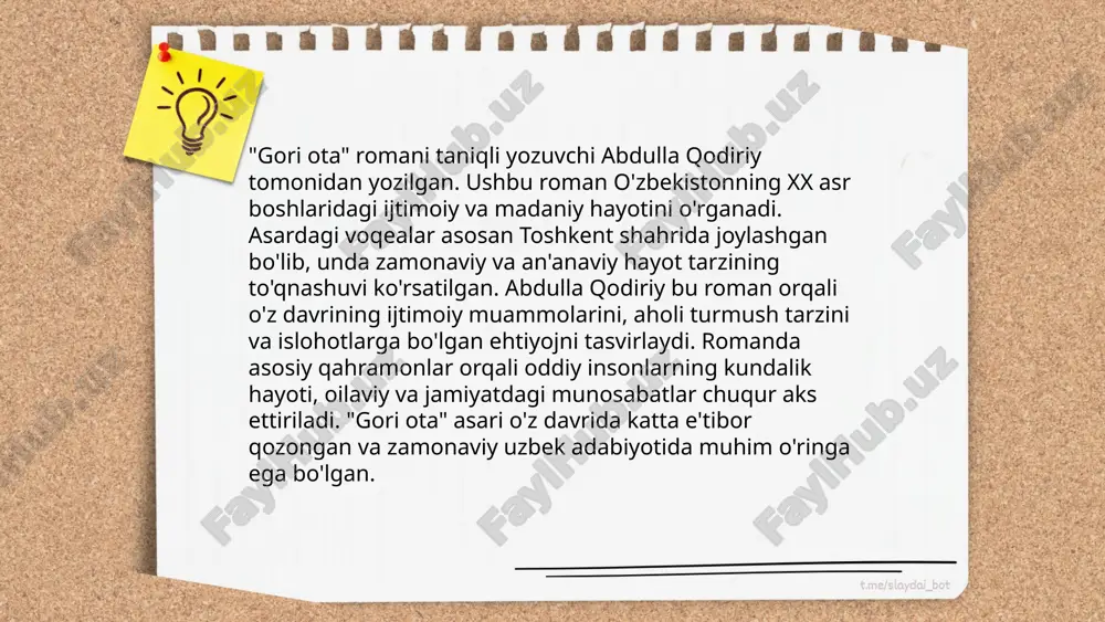 alzakning uslubi realizmning muhim asoschisiga aylangan va ko‘pgina yozuvchilarga ta'sir ko‘rsatgan. uning ishida iqtisod, siyosat va ijtimoiy masalalarning chuqur tahlili mavjud bo‘lib, bu realizm ko‘tarilishini ta'minladi. ... t.me/slaydai_bot xix asrda frantsiya ijtimoiy hayoti jadal rivojlandi. 1789 yildagi frantsiya inqilobi natijasida ijtimoiy tuzumda katta o'zgarishlar yuz berdi. 1804 yilda napoleon bonapart o'zini imperator deb e'lon qildi, bu esa ijtimoiy va siyosiy hayotni qayta shakllantirdi. 1848 yilgi inqilob natijasida ikkinchi respublika e'lon qilindi, keyin esa 1852 yilda napoleon iii davrida ikkinchi imperiya tashkil etildi. xix asr oxirlarida frantsiyada sanoat inqilobi kuchayib, shaharlar kengaydi va ijtimoiy tabaqalanish kuchaydi. 1870 yilgi frantsiya-prussiya urushi natijasida uchunchi respublika tashkil topdi. bu davrda savodxonlik darajasi oshdi va ommaviy axborot vositalari rivojlandi. xix asr davomida frantsiya jamiyati modernlashib, industrializatsiya va urbanizatsiya jarayonlarini boshdan kechirdi. ... t.me/slaydai_bot 10. gori otaning ichki kechinmalari "gori otaning ichki kechinmalari" (father goriot's internal conflicts) fransuz yozuvchisi onore de balzakning "gori ota" romanidagi asosiy …