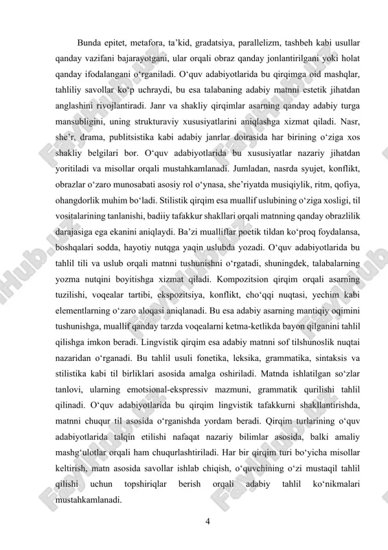 hlil jarayoni ko‘pincha integratsiyalashgan yondashuvda olib boriladi. ya’ni bir vaqtning o‘zida tematik, g‘oyaviy va stilistik qirqimlar birgalikda ko‘rib chiqiladi. bu esa o‘quvchini faqatgina bir jihatga emas, balki matnning umumiy mazmuni va badiiy ifodasi haqida kengroq tasavvurga ega bo‘lishiga olib keladi. misol uchun, a.qodiriyning “o‘tkan kunlar” romani asosida olib boriladigan tahlillarda asarning g‘oyaviy mazmuni (vatanparvarlik, milliy uyg‘onish), tematik yo‘nalishi (milliy qadriyatlar, muhabbat, ijtimoiy adolatsizlik), obrazlar tizimi (otabek, kumush, zaynab) va stilistik uslubining ifoda vositalari birgalikda o‘rganiladi. bu esa o‘quvchilarga asarning ko‘p qirraliligini tushunish imkonini beradi. hozirgi zamon o‘quv adabiyotlarida shuningdek, interaktiv yondashuvga ham katta ahamiyat beriladi. bu uslubda talabalarga adabiy matndan parcha berilib, turli qirqimlar bo‘yicha savollar bilan yo‘naltiriladi. bunday metodlar orqali o‘quvchi asarning faqat syujeti bilan emas, balki uning chuqur qatlamlari, badiiy o‘ziga xosligi, ideologik mazmuni bilan ham tanishadi. shu tariqa, adabiy asarga tanqidiy yondashuv shakllanadi. yana bir muhim jihat – o‘quv adabiyotlarida milliy va jahon adabiyoti namunalarining tahlili orqali …