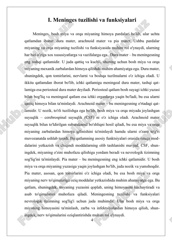 an boshlanadi. agar darhol davolanish amalga oshirilmasa, bu kasallik juda jiddiy asoratlarni keltirib chiqarishi va hatto o'limga olib kelishi mumkin. viral meningit esa ko'proq tarqalgan va odatda engil kechadi, ko'plab hollarda bemorlar o'z-o'zidan tuzaladi. ko'pincha, ushbu kasallikni enteroviruslar, ja'ni, tog'li, jigar yoki boshqa viruslar keltirib chiqaradi. viral meningit belgilari bakterial meningitga qaraganda kamroq jiddiy, lekin shunga qaramay, sog'liqni saqlash muammolarini keltirib chiqarishi mumkin. qo'ziqorin meningiti, odatda, immun tizimi zaiflashgan bemorlarda uchraydi va cryptococcus neoformans kabi qo'ziqorinlar tomonidan keltiriladi. bu kasallik ham meningitga olib kelishi mumkin, ammo u ko'proq immunitetni zaiflashtiradigan holatlar, masalan, oits kabi kasalliklar bilan bog'liq holda yuzaga keladi. [image: meningit: belgilari, qachon yordam so'rash kerak, sabablari, xavfi, asoratlari, diagnostikasi, davolash, oldini olish] meningitga qo'shimcha ravishda, meningesning yallig‘lanishi boshqa nevrologik kasalliklar bilan ham bog'liq bo'lishi mumkin. masalan, meningeal yallig‘lanish, nevritlar, yoki boshqa yallig‘lanish jarayonlari bilan bog'liq bo'lgan kasalliklar, bosh og'rig'i va boshqa nevrologik belgilarni keltirib chiqarishi mumkin. meningesning holati, …