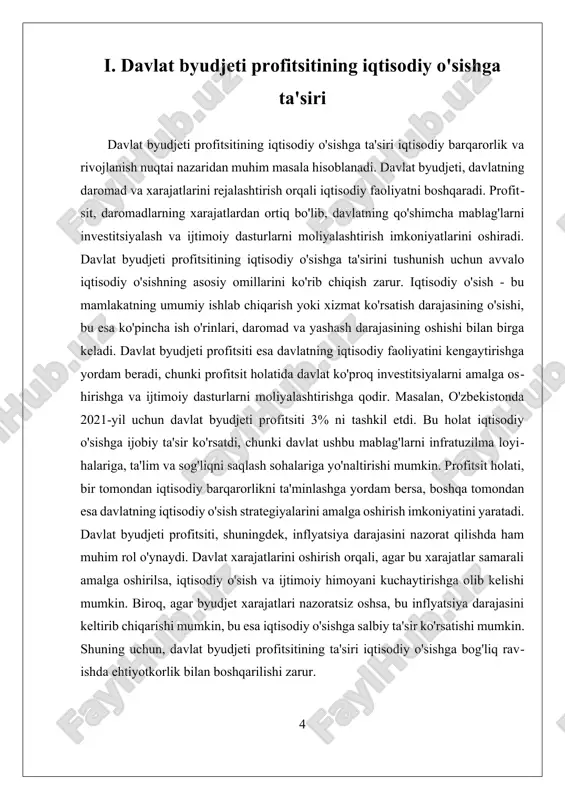 siya o'rtasidagi bog'liqlik iqtisodiy nazariyalar va amaliyotlarda muhim o'rin tutadi. profitsit, davlat xarajatlari va daromadlari o'rtasidagi muvozanatni anglatadi, bu esa davlatning moliyaviy barqarorligi va iqtisodiy o'sishi uchun kalit omil hisoblanadi. inflyatsiya esa narxlar darajasining o'sishi bilan bog'liq bo'lib, iqtisodiyotning muhim ko'rsatkichlaridan biridir. bu ikki tushuncha o'rtasidagi o'zaro bog'liqlikni o'rganish, iqtisodiy siyosatni shakllantirishda va davlatning iqtisodiy barqarorligini ta'minlashda muhim ahamiyatga ega. profitsit va inflyatsiya o'rtasidagi bog'liqlikni tushunish uchun, avvalo, davlat byudjeti profitsitining qanday paydo bo'lishini ko'rib chiqish zarur. profitsit holatida bo'lgan davlat byudjeti, daromadlar xarajatlardan ortiq bo'lganda yuzaga keladi. bu holat davlatga ko'proq investitsiya qilish imkoniyatini beradi va ijtimoiy xizmatlarni yaxshilashga yordam beradi. shu bilan birga, davlatning iqtisodiy faolligini rag'batlantiradi, bu esa o'z navbatida iqtisodiy o'sishga olib kelishi mumkin. inflyatsiya bilan bog'liq ravishda, profitsit holati inflyatsiyani boshqarishda muhim rol o'ynashi mumkin. agar davlat byudjeti profitsitga ega bo'lsa, bu davlatga narxlar barqarorligini ta'minlash, iqtisodiy o'sishni qo'llab-quvvatlash va inflyatsiyani nazorat qilish imkoniyatini beradi. …