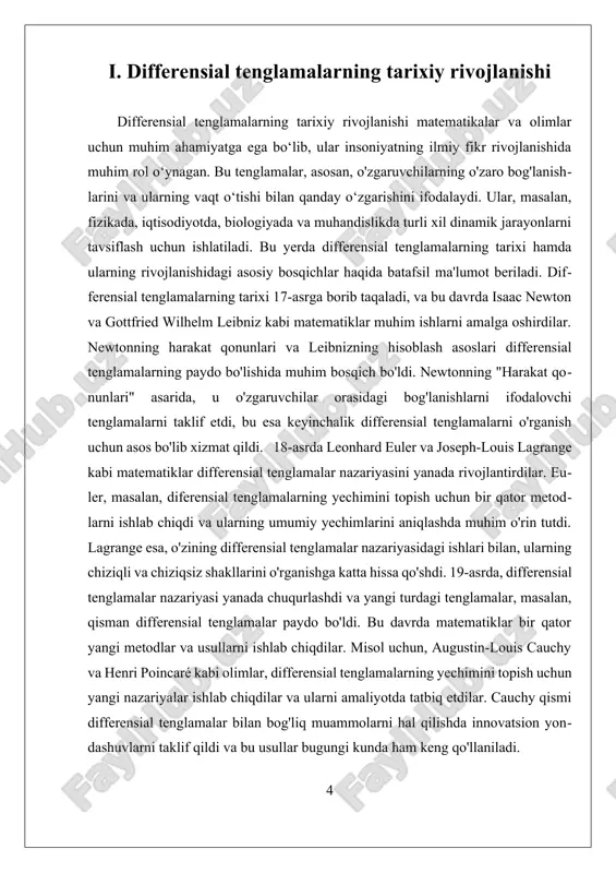 ziqli kombinatsiyaga ega bo'lgan funktsiyalarni o'z ichiga oladi. boshqacha qilib aytganda, agar bir differensial tenglama chiziqli bo'lsa, unda uning har bir termini faqat funktsiyaning birinchi darajali yoki past darajali koeffitsiyentlari bilan ko'paytirilgan bo'ladi. misol uchun, oddiy chiziqli birinchi darajali tenglama quyidagicha ko'rinishga ega bo'lishi mumkin: y' + p(x)y = g(x), bu yerda p(x) va g(x) berilgan funktsiyalar. chiziqli tenglamalar oson yechiladi, chunki ularning yechimlari uchun maxsus metodlar, masalan, integratsiya faktoridan foydalanish mumkin. shunga ko'ra, chiziqli tenglamalar ko'pincha fizik, iqtisodiy va muhandislik masalalarini modellashtirishda keng qo'llaniladi. masalan, elektr zanjirlaridagi voltaj va oqim o'zaro chiziqli munosabatda bo'lsa, bu muammoni chiziqli differensial tenglama yordamida yechish mumkin. bunga qaramay, chiziqsiz tenglamalar o'ziga xos murakkabliklarni keltirib chiqaradi. ular odatda funktsiyalar va ularning derivativlari orasidagi o'zaro bog'liqlikni ifodalovchi ko'plab no-chiziqli terminlarni o'z ichiga oladi. misol uchun, y' = y^2 + x tenglamasi chiziqsiz hisoblanadi. chiziqsiz tenglamalarni yechish ko'pincha juda murakkab bo'lib, analitik yechimlarni topish qiyin bo'lishi …