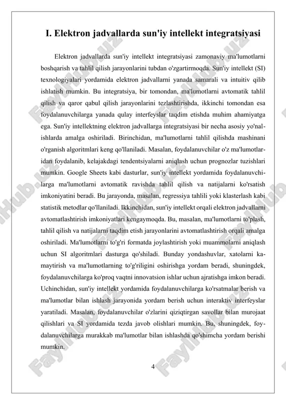 arur. bu, o'z navbatida, elektron jadvallardan foydalanishda yanada samarali natijalar olishga olib keladi. xulosa qilib aytganda, elektron jadvallarda sun'iy intellekt integratsiyasi ma'lumotlarni boshqarish va tahlil qilish jarayonlarini tubdan o'zgartirishi mumkin. bu texnologiyalar yordamida foydalanuvchilar yanada intuitiv va samarali ishlashlari, ma'lumotlardan ko'proq foyda olishlari mumkin. biroq, xavfsizlik, maxfiylik va foydalanuvchilarning bilim darajasini oshirish kabi muammolarni hal qilishda e'tibor qaratish lozim. ii. ta'limda elektron jadvallardan foydalanish metodologiyalari ta'limda elektron jadvallardan foydalanish metodologiyalari muhim bir yo'nalish hisoblanadi, chunki u zamonaviy ta'lim jarayonlarida ma'lumotlarni boshqarish, saqlash va tahlil qilish uchun samarali vositalar taqdim etadi. elektron jadvallar, masalan, microsoft excel yoki google sheets kabi dasturlar orqali ta'lim muassasalarida keng qo'llaniladi. ushbu metodologiyalar o'qituvchilarga va talabalarni ma'lumotlarni yanada samarali tahlil qilishga, ularni yaxshiroq tushunishga va ta'lim jarayonini qulaylashtirishga yordam beradi. birinchidan, elektron jadvallar yordamida o'qituvchilar dars jarayonini rejalashtirish va boshqarish imkoniyatiga ega bo'lishadi. masalan, dars jadvalini tuzishda, talabalar baholarini hisoblashda yoki o'qitish strategiyalarini baholashda elektron jadvallarni …