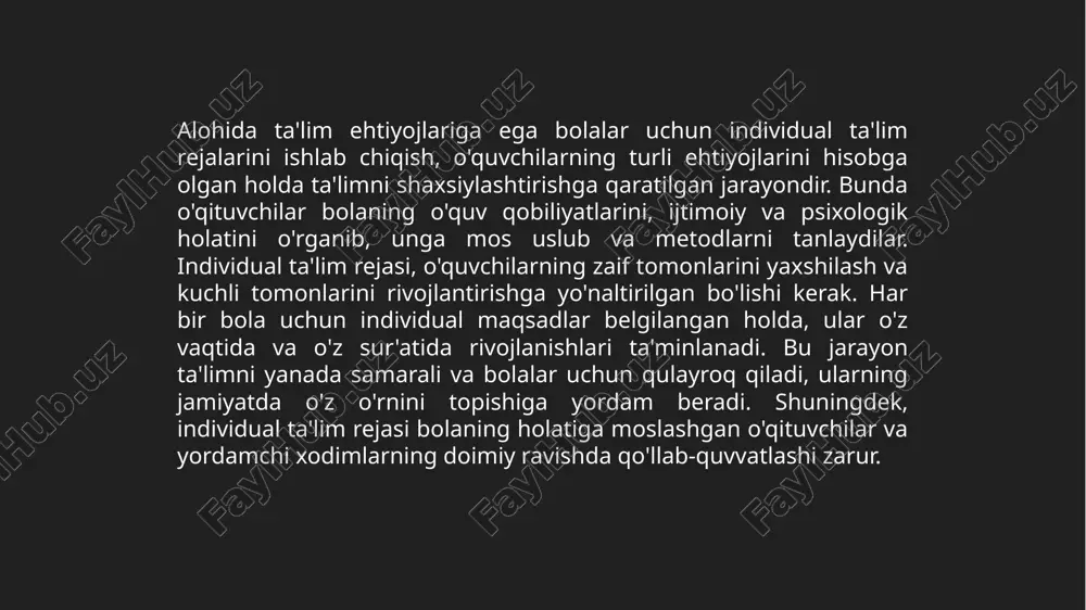 . masalan, vizual materiallar, audio va video resurslar, oddiy va aniq til bilan tayyorlangan qo'llanmalar, interaktiv o'quv dasturlari kabi vositalar yordamida, bolalar o'qish jarayonida ko'proq qatnashishlari mumkin. bunda, materiallarning rang-barang va xilma-xil bo'lishi, bolaning o'ziga xos ehtiyojlariga moslashtirilgan holda taqdim etilishi zarur. o'quv materiallari muntazam ravishda takomillashtirilishi kerak, chunki bolalarning ehtiyojlari vaqt o'tishi bilan o'zgarishi mumkin. bu jarayonda o'qituvchilar, psixologlar va ota-onalar bilan yaqindan hamkorlik qilib, bolalar uchun eng samarali materiallarni yaratish va ularni yaxshilash mumkin. bunday moslashtirilgan o'quv materiallari, bolaning o'zini erkin his qilishiga, o'qishdagi muvaffaqiyatlarini oshirishga va jamiyatga integratsiyasini ta'minlashga yordam beradi. alohida ehtiyojlarga ega bolalarga moslashgan o'quv materiallarini yaratish va takomillashtirish, ta'lim jarayonini har bir bolaning individual xususiyatlariga moslashtirishni ta'minlaydi. bunday materiallar bolalarning qobiliyatlari, qiziqishlari va o'quv darajalarini hisobga olgan holda ishlab chiqiladi. alohida ehtiyojlarga ega bolalar uchun, o'quv materiallari soddalashtirilgan tilda yoki maxsus grafika, rasm va diagrammalar bilan taqdim etilishi mumkin. bundan tashqari, interaktiv va virtual …
