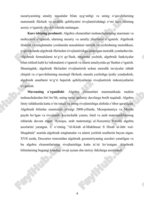 rida birinchi bor algebraik belgilar, ifodalar va tenglamalarning tahliliga oid yondashuvlar uchraydi. u ko‘proq musbat sonlar bilan ishlagan va o‘z asarida ba’zi turdagi tenglamalarni umumiy shaklda yechishga harakat qilgan. algebra so‘zining o‘zi esa arab tilidan olingan bo‘lib, ix asrda yashagan mashhur alloma muhammad al-xorazmiy nomi bilan bog‘liq. u "al-jabr va al-muqobala" nomli asarida algebraik ifodalarni tahlil qilish, oddiy va kvadrat tenglamalarni yechishning usullarini bayon qilgan. al-xorazmiy bu asarida ifodalarni soddalashtirish, noma’lumlarni bitta tarafga yig‘ish va tenglamalarni yechish bosqichlarini bayon etgan. bu ishlar algebra fanining mustaqil yo‘nalish sifatida shakllanishiga asos bo‘lgan. shuningdek, uning ishlari orqali algebra yevropaga kirib kelgan va keyinchalik lotin tiliga tarjima qilingan. o‘rta asrlarda algebra arab, hind va yunon matematiklarining ishlari asosida yevropada rivojlana boshladi. yevropalik olimlar algebraik ifodalarning yozilishi uchun harflardan foydalanishni yo‘lga qo‘ydilar. bu esa algebraik fikrlashni yanada yengillashtirdi. xvi–xvii asrlarda fransuz matematigi rene dekart tomonidan analitik geometriya asoslari ishlab chiqildi. u koordinatalar tizimi va algebraik …