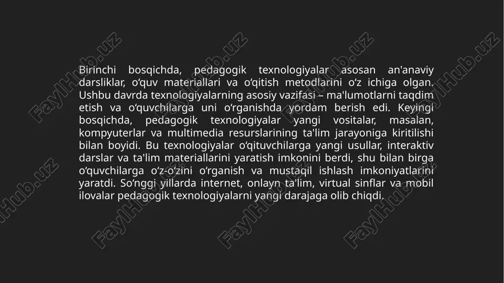 bilim darajalari, o‘rganish usullari va qiziqishlariga mos kelishi kerak. shaxsiylashtirilgan ta'lim usullari, o‘quvchilarga o‘z qiziqishlariga mos materiallar va darslarni taqdim etish orqali ularga yanada samarali o‘qish imkonini yaratadi. o‘quvchilarning individual ehtiyojlariga moslashgan texnologiyalar samaradorlikni oshiradi va o‘rganish jarayonini ko‘proq qiziqarli va foydali qiladi. etiboringiz uchun rahmat! image2.jpeg image3.png image4.png