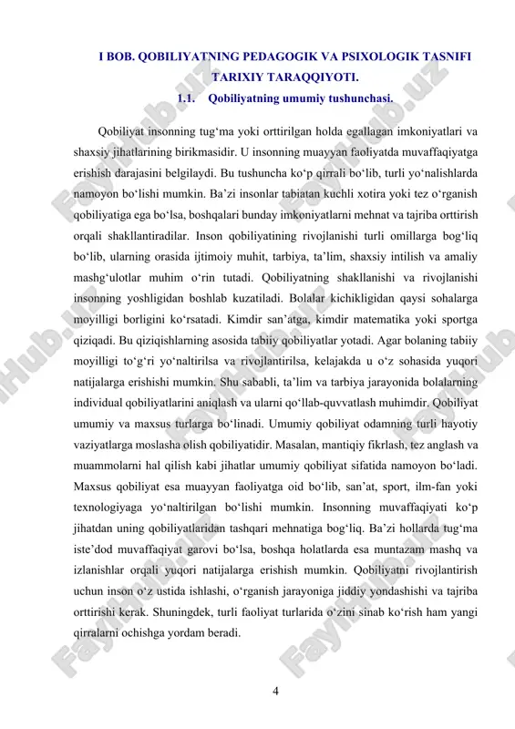 liyat tabiiy ravishda paydo bo‘lsa, ba’zan uni maxsus usullar bilan rivojlantirish talab etiladi. masalan, san’at sohasida faoliyat yuritish uchun inson tasavvur va estetik didga ega bo‘lishi kerak, lekin texnik mahoratni oshirish uchun doimiy mashg‘ulotlar talab etiladi. xuddi shunday, sportda ham tug‘ma qobiliyat muhim o‘rin tutadi, lekin jismoniy mashqlar va murabbiylarning yo‘nalishi orqali natijalar yaxshilanadi. qobiliyat insonning shaxsiy qiziqishlari va hayotiy maqsadlari bilan uyg‘un bo‘lsa, u o‘z sohasida katta yutuqlarga erishishi mumkin. shuning uchun har bir inson o‘z kuchli tomonlarini aniqlab, ulardan samarali foydalanishga harakat qilishi lozim. inson o‘z qobiliyatlarini doimiy ravishda rivojlantirib borsa, u nafaqat o‘z hayotini yaxshilaydi, balki jamiyatga ham foydali bo‘ladi. qobiliyat insonning ma’lum bir faoliyat turida muvaffaqiyatga erishish imkoniyatini belgilovchi ichki xususiyatlar to‘plamidir. bu tushuncha juda keng qamrovli bo‘lib, tabiiy moyilliklar, tajriba, bilim va shaxsiy intilish kabi omillar bilan bog‘liq. qobiliyat tug‘ma bo‘lishi yoki hayot davomida rivojlanishi mumkin. inson ma’lum bir sohada yuqori natijalarga erishish uchun o‘z …