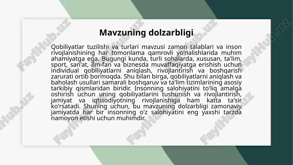 diy qobiliyatlar yangi g'oyalarni ishlab chiqishga yordam beradigan xususiyatlar bo'lsa, kommunikativ qobiliyatlar boshqalar bilan o'zaro aloqada samarali bo'lishni ta'minlaydi. 3. qobiliyatlarni rivojlantirish va baholash usullari. qobiliyatlarni rivojlantirish va baholash usullari insonning salohiyatini to'liq namoyon etish va uning individual rivojlanishiga yordam beradi. har bir qobiliyatni rivojlantirish uchun turli usullar va strategiyalar mavjud, ular ham amaliy mashqlar, ham nazariy o'qishlarga asoslanadi. quyida qobiliyatlarni rivojlantirish va baholash usullari keltirilgan. qobiliyatlarni rivojlantirish usullari o'z ichiga turli xil treninglar, mashqlar va ta'lim metodlarini oladi. har bir qobiliyat turiga qarab, rivojlantirish jarayoni turlicha bo'lishi mumkin. masalan, intelektual qobiliyatlarni rivojlantirish uchun mantiqiy fikrlash va tahlil qilishga asoslangan topshiriqlar, matematik masalalar, yangi bilimlarni o'rganish kerak bo'ladi. emosional qobiliyatlarni rivojlantirish uchun o'zini anglash, boshqalar bilan empatiya qurish va hissiy barqarorlikni saqlash muhimdir. bu uchun psixologik treninglar, o'z-o'zini baholash va hissiy ko'nikmalarni oshirish bo'yicha amaliy mashqlar o'tkazilishi mumkin. kommunikativ qobiliyatlarni rivojlantirish uchun samarali muloqot, jamoaviy ish, liderlik va boshqaruv qobiliyatlarini …