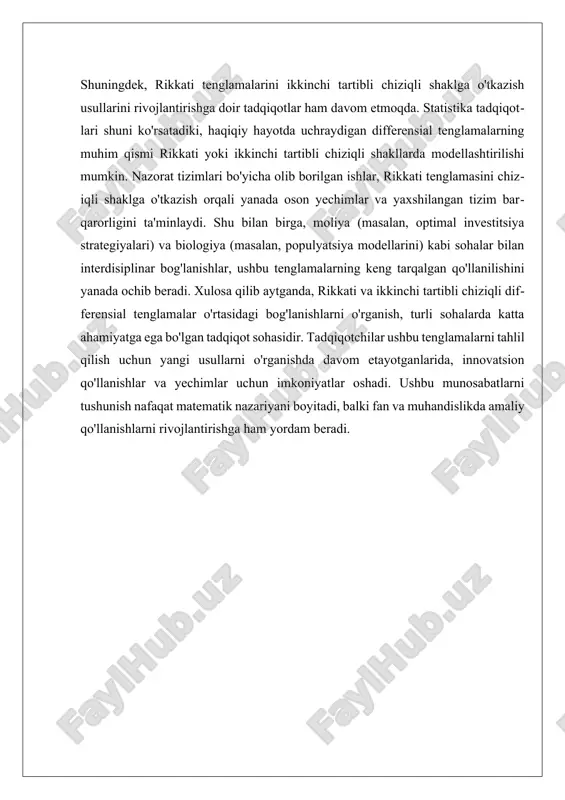 iyinchiliklar va chegaralar paydo bo'lishi mumkin. shuningdek, rikkati tenglamasining maxsus turlari uchun chiziqli shaklga o'tkazish jarayoni yanada murakkablashishi mumkin. shuning uchun, bu sohada tadqiqotlar davom etmoqda, yangi metodologiyalar va usullar ishlab chiqilmoqda. xulosa qilib aytganda, rikkati tenglamalarining chiziqli shaklga o'tkazilishi matematik tahlil va amaliy matematikada juda muhim jarayon hisoblanadi. bu jarayon, nafaqat rikkati tenglamalarining yechimlarini topishni osonlashtiradi, balki turli xil amaliy muammolarni hal qilishda ham muhim rol o'ynaydi. shunday qilib, rikkati tenglamalarining chiziqli shaklga o'tkazish jarayonini chuqur o'rganish, matematik nazariya va uning amaliy qo'llanishlarini yanada rivojlantirishga yordam beradi. ii. ikkinchi tartibli chiziqli tenglamalarning barqarorligi ikkinchi tartibli chiziqli tenglamalarning barqarorligi matematik tahlil va amaliy matematikada muhim ahamiyatga ega bo'lgan mavzulardan biridir. barqarorlik, bir tizimning vaqt o'tishi bilan o'zgarishlariga qanday javob berishini aniqlashda muhim rol o'ynaydi. bu bo'limda ikkinchi tartibli chiziqli tenglamalarning barqarorlik nazariyasi, uning tahlili va amaliyotdagi qo'llanilishi haqida batafsil ma'lumot beriladi. ikkinchi tartibli chiziqli tenglama odatda quyidagi shaklda ifodalanadi: y'' …