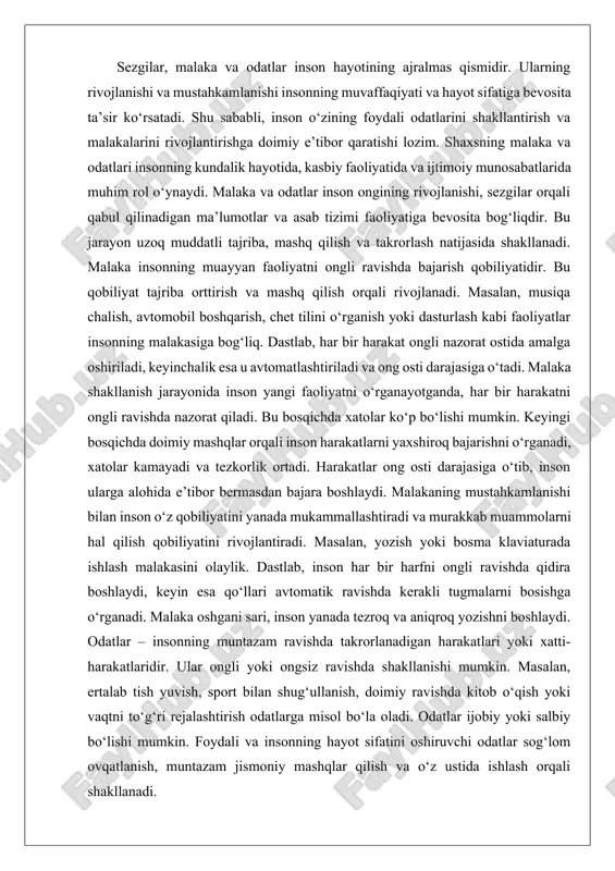 tutadi. har qanday malaka faqat doimiy mashq qilish orqali rivojlanadi. sportchilar, musiqachilar va dasturchilar o‘z sohasida muvaffaqiyatga erishish uchun har kuni mashq qilishlari kerak. malaka shakllanishining eng yaxshi usuli – amaliyot bilan birga nazariy bilimlarni o‘zlashtirishdir. agar inson yangi narsalarni o‘rganayotganda ularni darhol amalda qo‘llasa, malaka tezroq shakllanadi. bundan tashqari, malaka shakllanishi motivatsiya va irodaga ham bog‘liq. agar inson o‘z oldiga aniq maqsad qo‘ysa va unga erishishga intilsa, malakasi tez shakllanadi. shuningdek, muhit va atrof-muhitdagi insonlarning ham ta’siri katta. agar inson tajribali ustoz yoki murabbiydan o‘rganish imkoniyatiga ega bo‘lsa, u tezroq rivojlanadi. tajribali kishilar o‘z bilim va tajribalarini o‘rgatish orqali shogirdlariga samarali usullarni o‘rgatishi mumkin. malaka shakllanishi jarayonida xatolar va muvaffaqiyatsizliklar ham tabiiydir. muhimi, xatolardan saboq olish va ularni takrorlamaslikka harakat qilishdir. masalan, dasturlashni o‘rganayotgan inson kod yozishda xatolar qilishi mumkin, lekin ularni tuzatish va qayta urinish orqali o‘z malakasini oshiradi. shunday qilib, tajriba orttirish va izlanish davomida malaka rivojlanadi. …