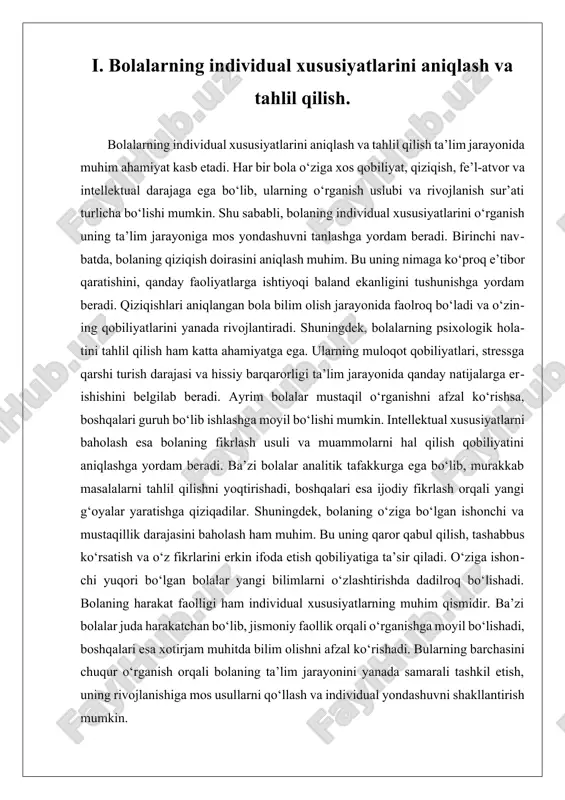 hda o‘zini ko‘proq namoyon qilishini tushunishga yordam beradi. kimdir san’atga, kimdir matematika yoki texnologiyaga qiziqishi mumkin. bu qiziqishlarni rivojlantirish uchun bolaga kerakli sharoit yaratish, uni rag‘batlantirish va yangi imkoniyatlar ochish zarur. ijtimoiy munosabatlar ham bolaning individual xususiyatlaridan biri hisoblanadi. ba’zi bolalar juda faol va jamoaviy ishlashga moyil bo‘lishsa, boshqalari mustaqil harakat qilishni afzal ko‘rishadi. bolaning do‘stlari bilan qanday muloqot qilishi, hamkorlik qobiliyati va muammolarni hal qilish usullari uning shaxsiyati shakllanishida katta rol o‘ynaydi. jismoniy rivojlanish darajasi ham bolaning o‘qish jarayoniga ta’sir qiladi. harakat faolligi, mayda va yirik motorika rivojlanganlik darajasi, diqqat va chidamlilik kabi jihatlar bolaning ta’lim olishini osonlashtirishi yoki qiyinlashtirishi mumkin. shu sababli, harakat va dam olish muvozanatini saqlash, bolaning jismoniy ehtiyojlariga mos yondashuvni topish muhimdir. barcha ushbu omillarni chuqur tahlil qilish orqali bolaning ta’lim jarayonini yanada samarali qilish, uning shaxsiy rivojlanishiga mos sharoit yaratish va o‘ziga bo‘lgan ishonchini oshirish mumkin. ii. beethoven ijodiy yondashuvini ta’lim jarayoniga integratsiya qilish. …