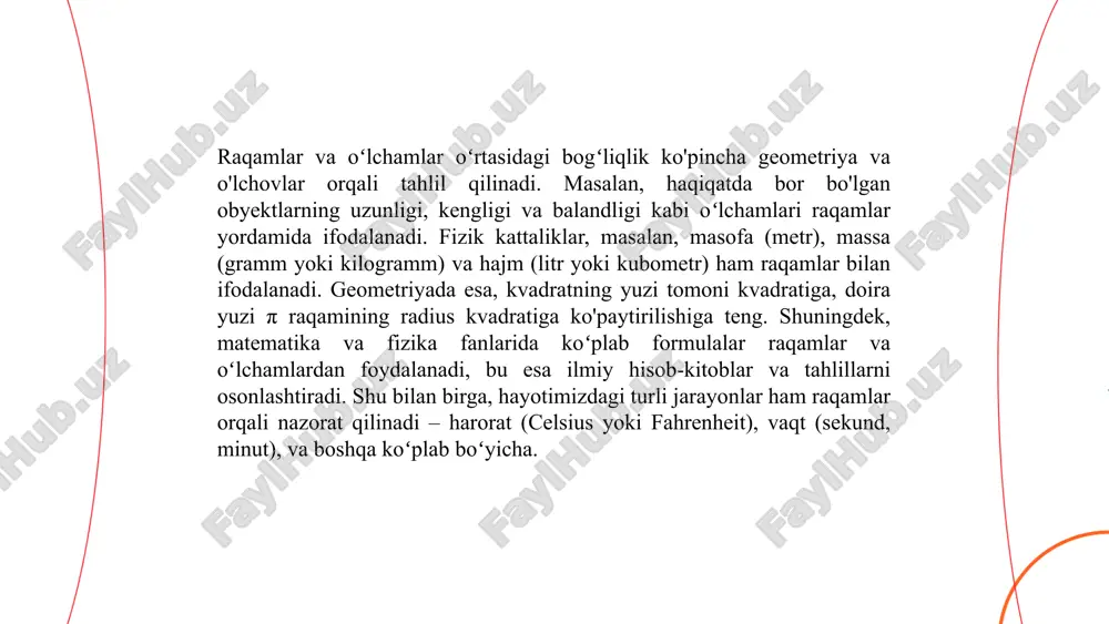 sida ranglarning oʻlchamni qabul qilishdagi roli muhim. masshtabni tasavvur etishda och ranglar obyektlarni katta qilib koʻrsatishi mumkin, masalan, oq rang xona hajmini vizual ravishda kengaytiradi. qorongʻu ranglar, aksincha, ob'ekt va makonlarni kichikroq qilib koʻrsatadi. ushbu effekt koʻp hollarda interyer dizayni va moda sohalarida qoʻllaniladi. ranglar shuningdek, psixologik taʼsir koʻrsatib, oʻlcham hissiyotini oʻzgartirishi mumkin. misol uchun, yengil va shinam koʻrinadigan joylar koʻpincha toʻq va pastel ranglardan foydalanib yaratiladi. rang va oʻlchamning oʻzaro taʼsiri turli madaniy va kontekstual omillar tomonidan ham shakllantiriladi. ... t.me/slaydai_bot hajmni oʻlchash va solishtirish fanida biz hajmni aniqlash uchun turli birliklardan foydalanamiz. 1 kub metr (m³) xalqaro tizimdagi asosiy hajm birligidir. 1 m³ 1000 litrga teng. bu matematikda yoki fizika misollarida ko'p qo'llaniladi. bunda tez-tez litr kabi kichikroq birliklar ishlatiladi, masalan, 1 litr 1 kub desimetrga (dm³) teng. solishtirish uchun 1 m³ suv taxminan 1000 kilogramm yoki 1 tonna bo'ladi, bu esa suvning o'rtacha zichligiga asoslangan. bundan tashqari, …