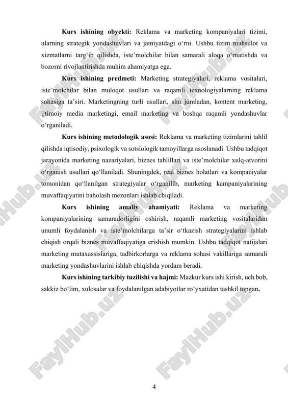 lari esa mahsulot yoki xizmat haqida ma’lumot berish, uni tanitish va brend imidjini shakllantirish bilan shug‘ullanadi. ularning asosiy vazifalaridan biri kreativ reklama kampaniyalarini yaratish, turli media kanallar orqali auditoriyaga yetkazishdir. bugungi kunda internet, ijtimoiy tarmoqlar, televizion reklama, bosma reklama va tashqi reklama vositalari orqali iste’molchilarga ta’sir o‘tkazish imkoniyati kengaygan. [image: ] 1 rasm(). ulardan biri kontent marketingi bo‘lib, bu usul orqali iste’molchilarga qiziqarli va foydali ma’lumotlar taqdim etiladi. shu orqali kompaniyaning brendiga nisbatan ishonch oshadi va mijozlar doimiy ravishda ularning mahsulot yoki xizmatlaridan foydalanishga moyil bo‘lishadi. bundan tashqari, raqamli marketing sohasining rivojlanishi bilan kompaniyalar seo (search engine optimization), smm (social media marketing), email marketing kabi turli texnologiyalardan foydalana boshladilar. seo orqali veb-saytlarni qidiruv tizimlarida yuqori o‘ringa olib chiqish, smm orqali ijtimoiy tarmoqlarda faol ishtirok etish va email marketing orqali mijozlarga bevosita axborot yetkazish marketingning samaradorligini oshirishga xizmat qiladi. shuningdek, marketing kompaniyalari mijozlar uchun turli chegirmalar, aksiyalar va bonus tizimlarini ishlab …