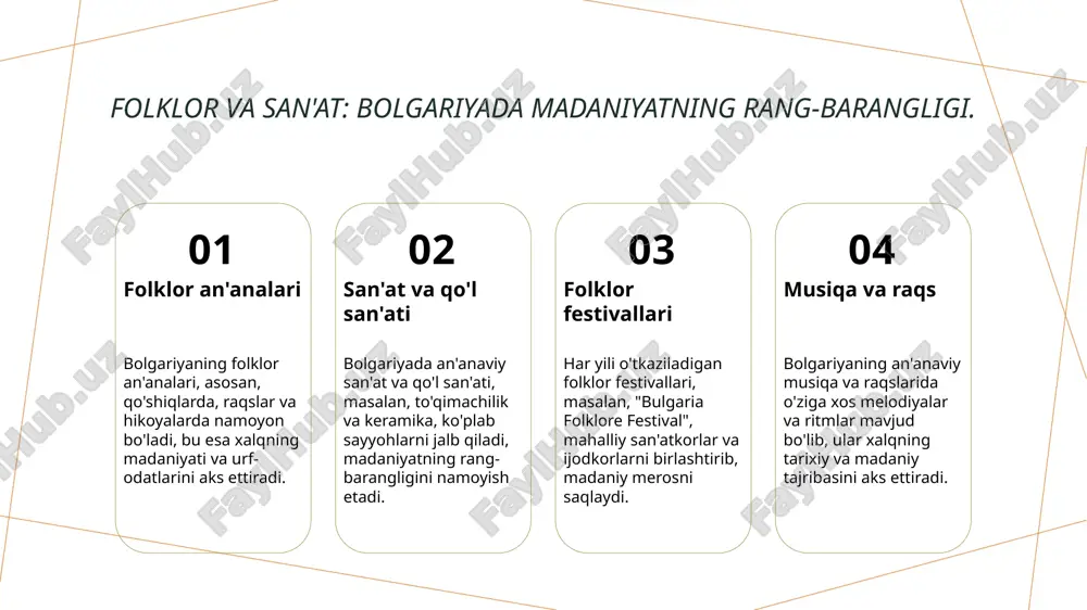 logik turizm yangi imkoniyatlar taqdim etadi, tabiatga yaqin bo'lishni xohlaydigan sayyohlar uchun qishloq joylar va milliy parklarga kirish ochiqdir. 2 milliy parklardagi yo'llar - bolgariyaning milliy parklarida joylashgan yo'llar sayyohlar uchun turli qiyinchilik darajasiga ega, bu esa har kimning qiziqishlariga mos keladi. 3 tabiatni muhofaza qilish - tabiatni muhofaza qilishga qaratilgan sa'y-harakatlar, ekologik turizmni yanada rivojlantirish va kelajak avlodlarga tabiatni saqlab qolish imkonini beradi. sayohat uchun eng mashhur joylar: bolgariyaning qulay va betakror manzaralari. sofiya shahrining markazi sofiya, bolgariyaning poytaxti, tarixi va madaniyati bilan mashhur. burjlar, muzeylar va go'zal maydonlar sayyohlar uchun qiziqarli joylar hisoblanadi. plovdivning tarixiy joylari plovdiv, bolgariyaning eng qadimiy shaharlaridan biri, rim teatri va eski shahar bilan tanilgan. madaniy tadbirlar sayyohlarni jalb qiladi. bansko va tog' sayohatlari bansko, bolgariyaning mashhur tog' kurorti, qishki sportlar va tabiat go'zalligi bilan ajralib turadi. bu joy yil davomida sayyohlar uchun jozibador. xulosa bolgariyaning madaniy merosi tabiiy go'zallik imkoniyatlari sayyohlikni rivojlantirish bolgariyaning …