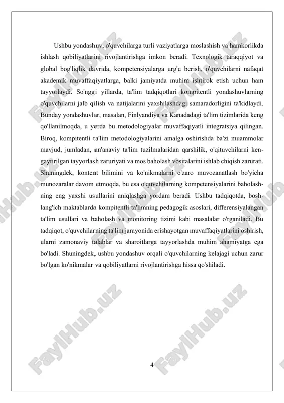 fikr almashish va jamoaviy ishlash qobiliyatlarini rivojlantiradilar. bu ko'nikmalar zamonaviy jamiyatda muvaffaqiyatli faoliyat yuritish uchun zarurdir. 5. **nizom va me'yorlar**: o'qituvchilar ta'lim jarayonida ko'rsatma va me'yorlarni aniqlab, o'quvchilarning kompetensiyalarini baholash va rivojlantirish uchun zarur shart-sharoitlarni yaratadilar. bu jarayonda baholashning turli usullari, jumladan, formativ va summativ baholash, o'quvchilarning taraqqiyotini kuzatish va tahlil qilish uchun qo'llaniladi. 6. **o'z-o'zini baholash**: o'quvchilarga o'z bilim va ko'nikmalarini tahlil qilish va baholash imkoniyatini berish, ularning o'z-o'zini rivojlantirishga bo'lgan qiziqishini oshiradi. o'z-o'zini baholash orqali o'quvchilar o'zlari uchun maqsadlar belgilash va ularga erishish yo'lida harakat qilish imkoniyatiga ega bo'ladilar. kompitentli ta'limning pedagogik asoslari o'qituvchilarga o'z faoliyatlarini yanada samarali tashkil etishga yordam beradi. shuningdek, bu yondashuv o'quvchilarning ta'lim jarayonida faolligini oshiradi, ularning o'z-o'zini rivojlantirishga bo'lgan qiziqishini kuchaytiradi va hayotiy ko'nikmalarini shakllantirishga imkon yaratadi. shu bilan birga, zamonaviy ta'lim tizimida kompetensiyalarni rivojlantirish orqali o'quvchilarni kelajakdagi muammolarga tayyorlashga erishiladi. ii. boshlangʻich maktabda differensiyalangan ta'lim usullari boshlangʻich maktabda differensiyalangan ta'lim usullari, o'quv …