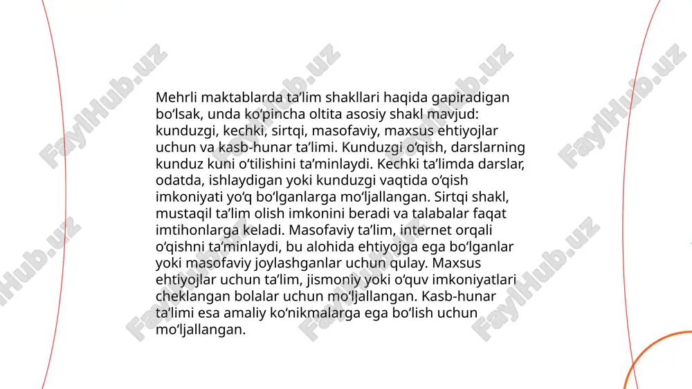 ehtiyojli bolalar tahsil olmoqda. ularning ta’limi uchun maxsus maktablar va inkluziv sinflar tashkil etilgan. maxsus dasturlar orqali logopediya, psixologiya va fizioterapiya darslari ham taqdim etiladi. statistik ma’lumotlarga ko‘ra, maxsus ehtiyojli bolalarning ta’lim olish imkoniyatlarini oshirish uchun davlat budjetidan qariyb 500 milliard so‘m ajratiladi. shu bilan birga, malakali o‘qituvchilarning yetishmasligi ham dolzarb muammolardan biri bo‘lib qolmoqda. ... t.me/slaydai_bot inkluziv ta'lim tamoyillari amaliyotga tadbiq etilganda, barcha o'quvchilar, jumladan ehtiyojlari o'ziga xos bo'lganlar uchun teng imkoniyatlar yaratishga qaratilgan. o'qituvchilar ta'lim muhitida differensial yondashuvlarni qo'llab, o‘quv rejalarini moslashtiradilar. bu jarayonda maxsus va umumiy ta'lim o‘rtasidagi hamkorlik muhim rol o‘ynaydi. masalan, rivojlanish qiyinchiliklari bo‘lgan bolalar uchun multimodal o‘qitish usullari, jumladan, vizual, audial va kinestetik usullardan foydalaniladi. shuningdek, jamoaviy ishlar va loyiha asosidagi ta'lim usullari ham kiritiladi. statistikaga ko'ra, bunday yondashuvlar talabalarning ishtirokini 20-30% ga oshirishga yordam beradi. inklusiv ta'limni rivojlantirish uchun jamiyatdagi barcha manfaatdor tomonlarning ishtiroki talab etiladi, shuningdek, pedagoglar uchun maxsus trening va kurslar …