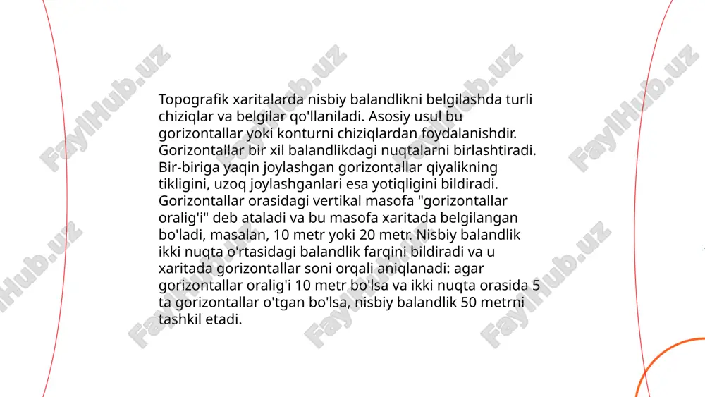 adi. uchta sun'iy yo‘ldosh orqali joylashuv aniqlanadi, to‘rtinchi sun'iy yo‘ldosh esa nisbiy balandlikni hisoblashi uchun kerak. nisbiy balandlik o‘lchashda asosiy e'tibor gps qabul qiluvchisining holatiga qaratiladi va ma'lumotlar geoid modeli bilan solishtiriladi. shuningdek, gps receiverlar metriya tizimida aniqlikka ega va tarkibiy sharoitlar va iqlim holatlariga bog‘liq. gps orqali aniqlangan balandlik ko‘pincha 0.5-1.5 metr xato bo‘lishi mumkin. endi qator zamonaviy gps tizimlari barometr yoki boshqa sensorlar bilan birgalikda aniqlikni oshirishga imkon beradi. joyda nuqtalar orasidagi nisbiy balandlikni aniqlash asadbek sultonov e'tiboringiz uchun raxmat! image1.png image2.png image3.png image4.jpeg image5.png image6.jpg image7.jpeg