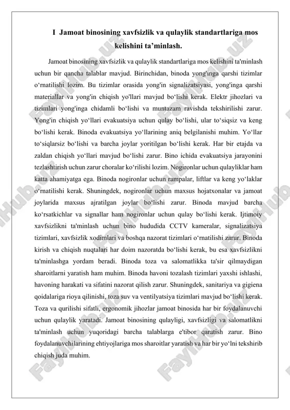 onidan o‘tkaziladigan nazorat tizimlari jamoat binosida xavfsizlikni ta'minlashda muhim rol o‘ynaydi. binoda sanitariya-gigiena qoidalariga rioya qilish zarur. havoni tozalash tizimlari, ventilyatsiya tizimlari va toza suv ta'minoti bo‘lishi, shuningdek, binoda barcha gigiena qoidalari to‘liq amalga oshirilishi kerak. har bir binoda qulaylikni ta'minlash uchun texnik xizmatlar ko‘rsatish tizimi mavjud bo‘lishi kerak. ushbu tizimning ishlashini nazorat qilish, binoning doimiy va samarali ishlashini ta'minlaydi. bunda o‘rnatilgan jihozlar va tizimlarning ishlash holati muntazam ravishda tekshirilishi zarur. jamoat binosida barcha foydalanuvchilar uchun qulay va xavfsiz sharoitlar yaratish zarur. har bir detalga e'tibor berish, binoning samarali va xavfsiz ishlashini ta'minlaydi. jamoat binosining xavfsizlik va qulaylik standartlariga mos kelishini ta'minlash uchun bir qancha asosiy omillarni hisobga olish kerak. bino dizayni va qurilishi jarayonida quyidagilarga e'tibor qaratish zarur. birinchi navbatda, binoning yong'inga qarshi himoya tizimi samarali bo‘lishi kerak. yong'inga qarshi signalizatsiya, avtomatik yong‘in o‘chirish tizimlari, yong‘in chiqish yo‘llarining ochiq va keng bo‘lishi kerak. ii arxitekturaviy va muhandislik yechimlarini integratsiya …