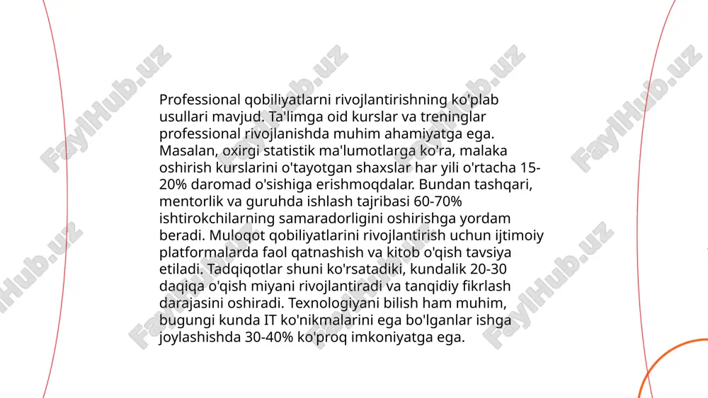iyat testlari orqali ishchilarni saralash 70% aniqlik bilan muvaffaqiyatni bashorat qilishi mumkin. qobiliyatlar shaxsning muayyan kasbda qanchalik samarali bo'lishini oldindan bilishga yordam beradi. bu jarayon o'z ichiga kognitiv qobiliyatlarni (70%), texnik qobiliyatlarni (60%) va shaxsiy fazilatlarni (75%) baholashni oladi. shu sababli, qobiliyat testlari va boshqa baholash vositalari orqali kasbiy kompetentligini aniqroq baholashga erishiladi. ... t.me/slaydai_bot meyoriy qobiliyatlar, ya'ni kognitiv yoki fikrlash qobiliyatlari, kasbiy faoliyatda muhim o‘rin tutadi. ushbu qobiliyatlar mantiqiy fikrlash, muammolarni hal qilish, qaror qabul qilish, va ijodiy fikrlashni o‘z ichiga oladi. tadqiqotlar shuni ko‘rsatadiki, yuqori kognitiv qobiliyatlar yuqori ish samaradorligiga olib keladi. masalan, 2019-yilda o‘tkazilgan tadqiqotda yuqori iq darajasiga ega ishchilar 20% ko‘proq samarali ekanligi aniqlangan. shuningdek, meyoriy qobiliyatlar tashkilot ichida samarali kommunikatsiya va jamoaviy ish ko‘nikmalarini yanada oshiradi, bu esa o‘z navbatida loyihalarni muvaffaqiyatli amalga oshirish darajasini 30% ga oshirishi mumkin. shuning uchun, bu qobiliyatlarning rivojiga oid trening va ta'lim dasturlari tashkilotlarda katta ahamiyatga ega. ... t.me/slaydai_bot …