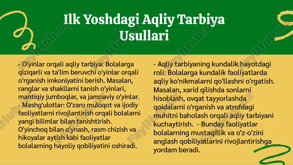 lab-quvvatlashda muhim. - aqliy tarbiya bolalarning ijtimoiy ko'nikmalarini oshiradi. foydalanilgan adabiyotlar 1. tursunova, n. m. aqliy tarbiyaning bolalar rivojidagi ahamiyati. toshkent, 2021. 2. jumaniyazova, m. a. maktabgacha yoshdagi bolalar uchun innovatsion ta'lim usullari. samarqand, 2020. 3. xudoyberdiyev, a. a. aqliy tarbiya va uning bolalar rivojiga ta'siri. o'zbekiston ta'limi, 2022. 4. yusupov, b. s. aqliy tarbiyaning ijtimoiy ko'nikmalarga ta'siri. o'zbekiston ta'limi va innovatsiyalar, 2023. 5. iskandarova, g. a. ota-onalarning aqliy tarbiyada roli: tavsiyalar va resurslar. tashkent, 2021. e'tiboringiz uchun rahmat! designed by slides carnival image1.png image2.png image3.png image4.png image5.png image6.png image7.png image8.png image14.png image15.png image16.png image17.png image18.png image19.png image9.png image10.png image11.png image12.png image13.png image27.jpg image23.png image25.png image26.png image24.png