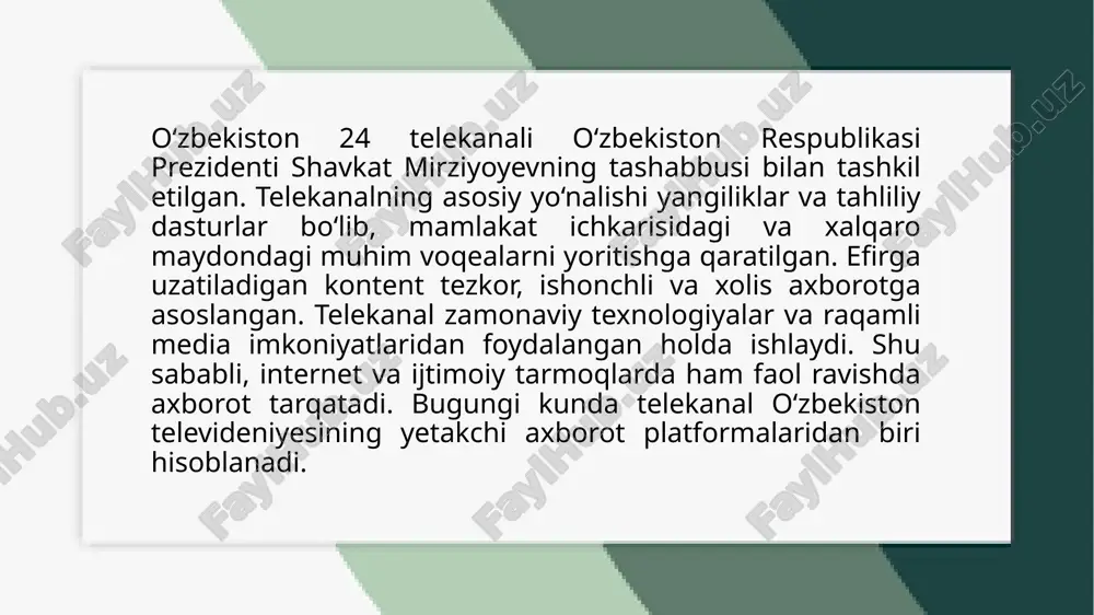 sturlari mamlakat va dunyodagi dolzarb voqealarni tezkor va ishonchli manbalarga asoslangan holda yoritadi. tahliliy ko‘rsatuvlar siyosiy, iqtisodiy va ijtimoiy muammolarni chuqur o‘rganib, ekspert va mutaxassislarning fikrlarini taqdim etadi. hujjatli filmlar va maxsus reportajlar esa muhim mavzularga oid faktlar va voqealar haqida kengroq tasavvur hosil qilishga yordam beradi. shuningdek, xalqaro hamkorlik, ilm-fan, madaniyat va sport sohalariga bag‘ishlangan dasturlar ham muntazam efirga uzatiladi. 4. axborot yetkazish usullari va innovatsiyalar. axborot yetkazish usullari va innovatsiyalar bugungi kunda jamiyat va iqtisodiyotning rivojlanishida muhim rol o'ynamoqda. ular yordamida axborot tez va samarali tarzda tarqatilishi mumkin, bu esa odamlar o'rtasidagi muloqotni yengillashtiradi va ko'plab sohalarda yangiliklarni ommalashtiradi. birinchi navbatda, axborot texnologiyalarining rivojlanishi, internetning keng tarqalishi va mobil qurilmalar orqali ma'lumotlarni tez yetkazish imkoniyatlari o'sib bormoqda. bugungi kunda ijtimoiy tarmoqlar, veb-saytlar, mobil ilovalar va onlayn xizmatlar yordamida odamlar bir-biriga oson va tezkor tarzda axborot yetkazib bera olishadi. innovatsiyalar esa axborot uzatish jarayonini yanada samarali va qulay qilishga …
