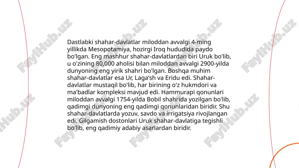 da davom etib, salavkiylar imperiyasini tashkil etgan. ular fors imperiyasi parchalanishidan so‘ng makedoniyalik iskandar tomonidan bosib olingan hududlarni birlashtirishga intilgan. grek-baqtriyalik davlat miloddan avvalgi 3-asrda, hozirgi afgʻoniston va oʻrta osiyo hududlarida vujudga kelgan. bu davlatning hokimiyati taxminan 180 yil davom etgan. baqtriya shaharlarining gullab-yashnashi, ayniqsa, antioxid va demetriy i hukmronligida yuksak choʻqqiga chiqqan. grek-baqtriyalik davr madaniy va iqtisodiy yuksalish hamda hind-buddizm ta'sirining kuchayishi bilan tavsiflanadi. bu davrda ko'plab tanga pullar zarb etilgan, buning natijasida baqtriyaliklar tashqi savdoda faol ishtirok etganlar. ... t.me/slaydai_bot kushonlar imperiyasi eramizning i–iii asrlarida markaziy osiyoda hukm surgan qudratli davlat edi. u davrda imperiya hududi hozirgi oʻzbekiston, tojikiston, afg'oniston, pokiston va g'arbiy hindistonning ayrim qismlarini o'z ichiga olgan. imperiyaning asoschisi yuechji qadimgi ko'chmanchi qabilalari bo‘lgan. qo'shin ishlarini kanishka hukmdorligi davrida (eramizning taxminan 127–150 yillari) avjiga chiqqan. kanishka davrida kushonlar buddizm va savdo yo'llari, xususan ipak yo'li orqali gullab-yashnagan. ular ko'plab monumental san'at va me'morchilik asarlari qoldirgan. kushonlar …