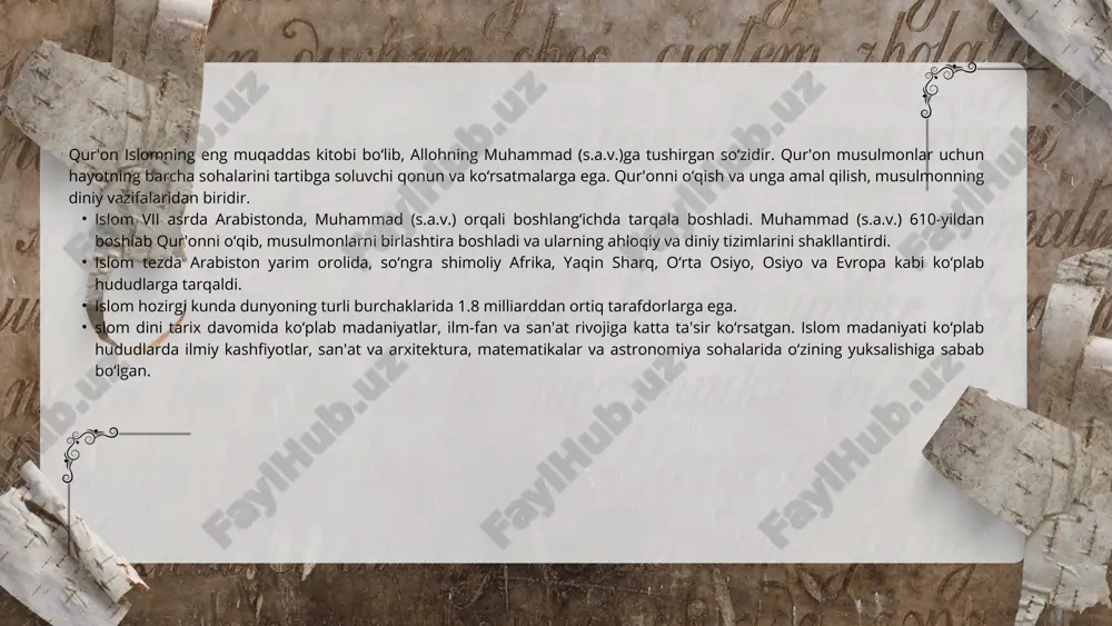 n yaqin sharq, shimoliy afrika, janubi-sharqiy osiyo, markaziy osiyo, turkiya va efiopiya kabi hududlarda yashaydi. islomning tarqalishi ham kengayib bormoqda va bu nafaqat geografik, balki ijtimoiy va madaniy o‘lchovlarda ham sezilmoqda. islom yevropada: yevropa davlatlarida musulmonlar soni ortib bormoqda. fransiya, buyuk britaniya, germaniya, niderlandiya va boshqa yevropalik davlatlarda musulmonlar migratsiya orqali kelganlar yoki o‘z diniy e'tiqodlarini tanlagan shaxslar sifatida ko‘paymoqda. amerikada islom: aqsh va kanada kabi davlatlarda ham islom dini tez rivojlanib bormoqda. musulmonlar amerika jamiyatida o‘zlarini mustahkamlashgan va ko‘p hollarda iqtisodiy va siyosiy sohalarda faoliyat yuritmoqdalar. islom madaniy jihatdan ham o‘z ta'sirini ko‘rsatadi. musulmonlar o‘zlarining madaniyatlarini qur'on va hadislar asosida shakllantirganlar va bu madaniyat turli hududlarda o‘zgarib borgan. san'at va me'morlik: islom madaniyatida o‘ziga xos san'at va me'morlik an'analari mavjud. masalan, islomiy me'morlikda mozaikalar, arabeska naqshlari va minora shakllari keng tarqalgan. makkadagi ka'ba va buzurg me'moriy obidalar islomning madaniy merosini tashkil etadi. etiboringiz uchun rahmat! image1.jpeg image2.png image3.png image4.png …
