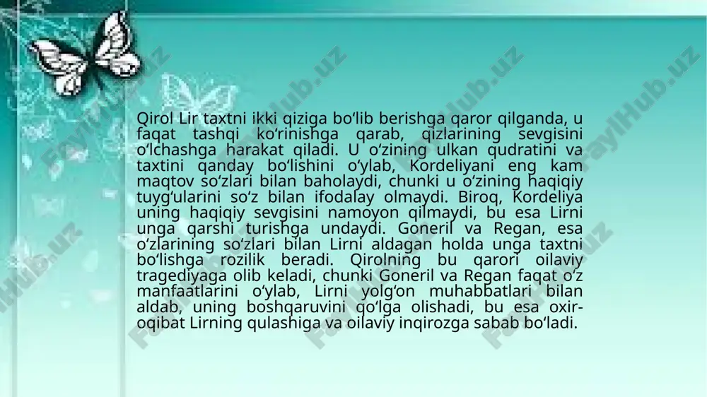 yda bo‘ladi, chunki uning xatolari juda katta va ortga qaytish mumkin emas. lirning o‘z xatolarini anglash jarayoni uning ichki inqirozini yanada chuqurlashtiradi. o‘zining taxtni bo‘lish qarorining noto‘g‘riligini va qizlari goneril va reganning yolg‘on muhabbatini tushunib yetadi. kordeliyani ishonchsiz deb baholaganida, lir aslida uni eng sadoqatli va haqiqiy qiz ekanligini anglamadi. bu xatolar uning ruhiy holatiga ta’sir ko‘rsatib, jiddiy iztirobga olib keladi. lir o‘zining qizlari tomonidan xiyonatga uchraganini va shunchaki taxtni emas, balki o‘zi uchun eng muhim narsani, ya’ni oilaviy ishonchni yo‘qotganini anglab yetadi. uning anglash jarayoni uni ko‘plab ichki tortishuvlarga olib keladi. lir, o‘z xatolarining oqibatlarini tuzatish uchun qizlari bilan to‘qnashadi, ammo bu harakatlar faqat yanada chuqurroq inqirozga olib keladi. u o‘zining inqirozini hal etishga urinayotganida, nafaqat qirollikni, balki insoniy qadriyatlarni ham yo‘qotganini tushunadi. lir o‘z xatolarini anglaganida, uning ruhiy holati yanada chuqurlashadi va u o‘zining qirollikdagi o‘rnini va oilaviy rishtalarini to‘liq yo‘qotganini his qiladi. taxtni ikki qiziga bo‘lib berish …