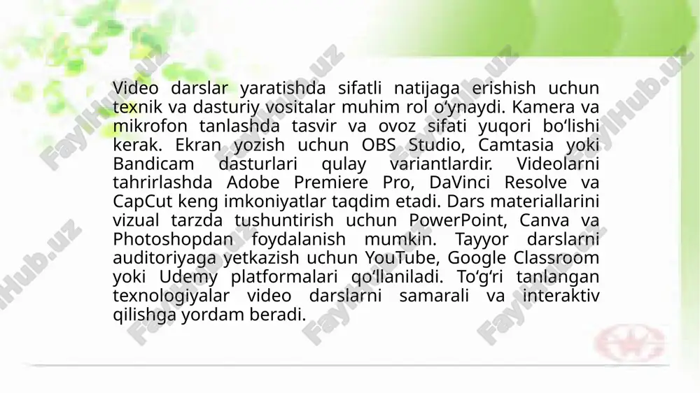 ish mumkin tuzilishi va sifatini yaxshilash videoning ritmini saqlash, har bir kadrni to‘g‘ri joylashtirish va kadrlar orasidagi o'tishlarni silliq qilish muhim tashqi ovozlar yoki musiqa qo‘shish, rang va kontrastni yaxshilash videoning sifatini oshiradi. yakuniy tekshirish va saqlash videoning yakuniy versiyasini tekshirib chiqib, kerakli formatda saqlash lozim keyin uni platformaga joylashtirish uchun tayyorlash mumkin. 4. video darslarni tarqatish va baholash. video darslarni tarqatish: video darslarni tarqatishning eng yaxshi usuli onlayn platformalar orqali amalga oshiriladi. masalan, youtube, vimeo, yoki o‘z veb-saytlarida joylashtirish mumkin. shu bilan birga, video darslarni ijtimoiy tarmoqlar, elektron pochta yoki ma’lum guruhlar orqali ham tarqatish mumkin. video darslar tarqatiladigan joyda o‘quvchilar uchun ularga qulay bo‘lgan vaqt va joyda kirish imkoniyatini yaratish muhim. baholash: baholash video darslarning samaradorligini o‘lchashga yordam beradi. o‘quvchilarni baholashda ularning darsdan olingan bilimlarini, qobiliyatlarini va amaliy ko‘nikmalarini tekshirish mumkin. bu uchun video darslarni tomosha qilgan o‘quvchilarga testlar yoki so‘rovlar o‘tkazish mumkin. shuningdek, o‘quvchilarni videodagi ma’lumotlar asosida …