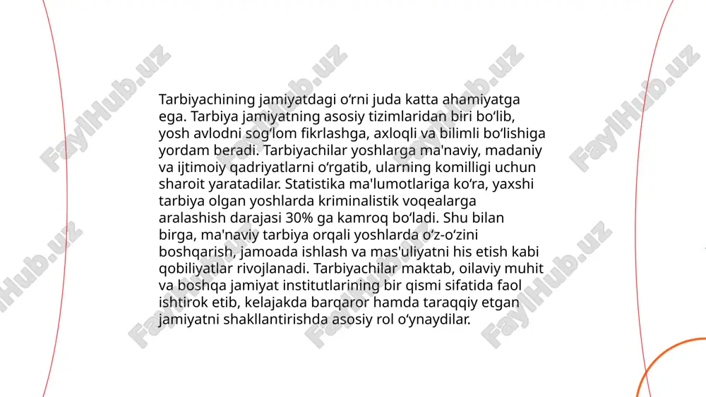 ika yuzasidan muntazam ravishda (80-90% hollarda) seminar va treninglar o'tkazish orqali ularni doimiy ruhan yetuklashtirish mumkin. axloqiy masʼuliyatni amalga oshirishda jamoaviy muhokama, 85% vaziyatlarda ijobiy yechim topishda yordam beradi. ... t.me/slaydai_bot tarbiyachining pedagogik mahorati bolalarni to‘g‘ri yo‘naltirishda va ularga bilim berishda muhim rol o‘ynaydi. pedagogik mahorat darsni rejalashtirish, samarali kommunikatsiya, baholash va muammolarni hal qilish ko‘nikmalarini o‘z ichiga oladi. ilmiy tadqiqotlar ko‘rsatkichi shuki, yuqori mahoratli o‘qituvchilar bolalar bilimini 20-30% ga oshirishi mumkin. muhim jihatlaridan biri — individual yondashuv: har bir bolani qobiliyatiga ko‘ra rivojlantirish. tarbiyachilar uchun muntazam ravishda seminar va treninglarda ishtirok etish ham foydali. 2020-yilgi tadqiqotlarga ko‘ra, professional rivojlanish dasturlarida qatnashgan tarbiyachilar talabalarning muvaffaqiyatini 15% ga oshirishga erishgan. shuningdek, zamonaviy texnologiyalarni qo‘llash o‘qitish samaradorligini 25% ga oshiradi. bu ko‘nikmalar taʻlim sifati va bolalarning kelajakdagi muvaffaqiyatlari uchun asosiydir. tarbiyachi va uning jamiyatda tutgan orni.taqdimot tayyorlash guncha kakabaeva e'tiboringiz uchun raxmat! image1.png image2.png image3.png image4.jpg image5.png image6.jpg image7.jpeg
